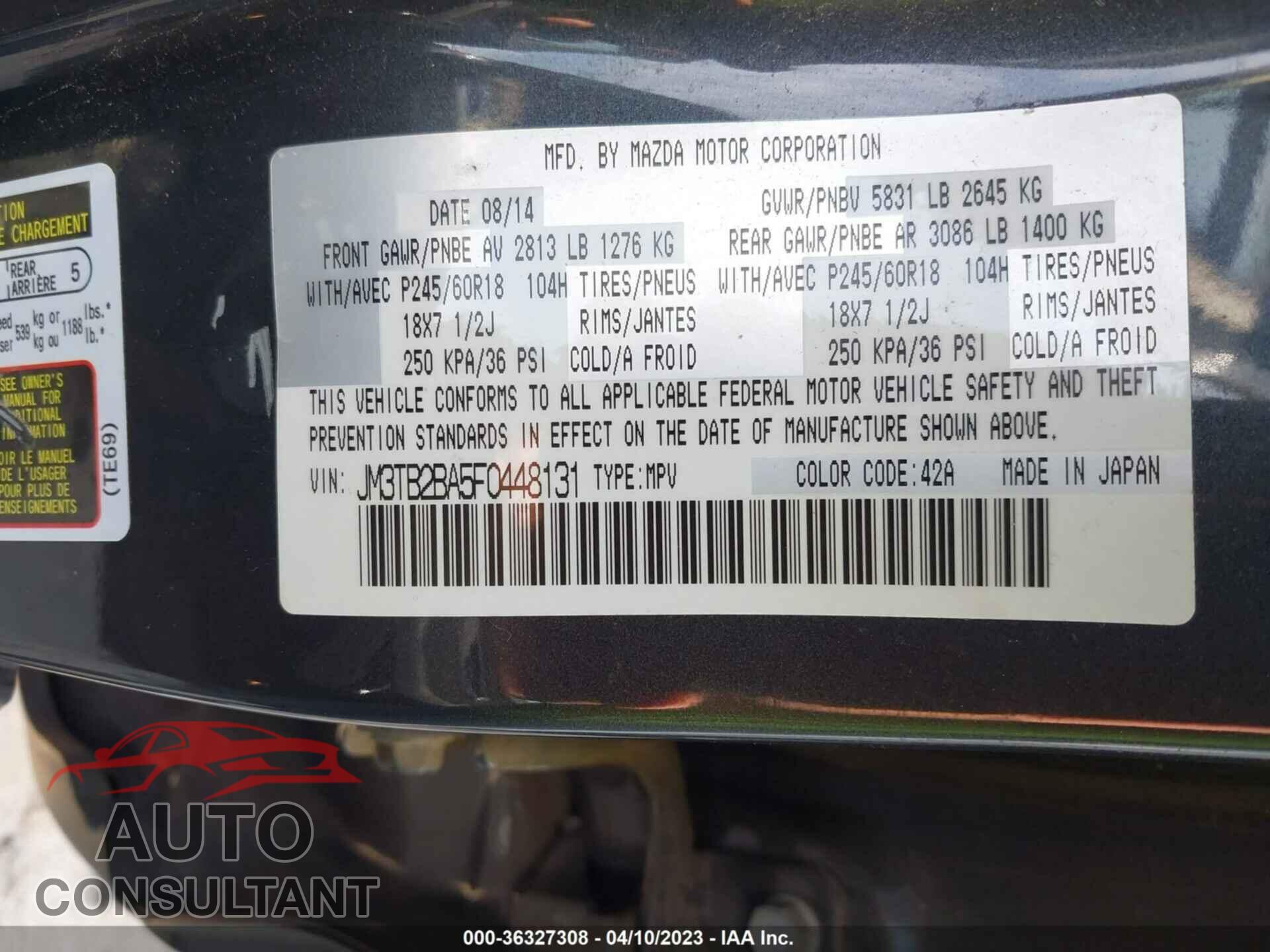 MAZDA CX-9 2015 - JM3TB2BA5F0448131