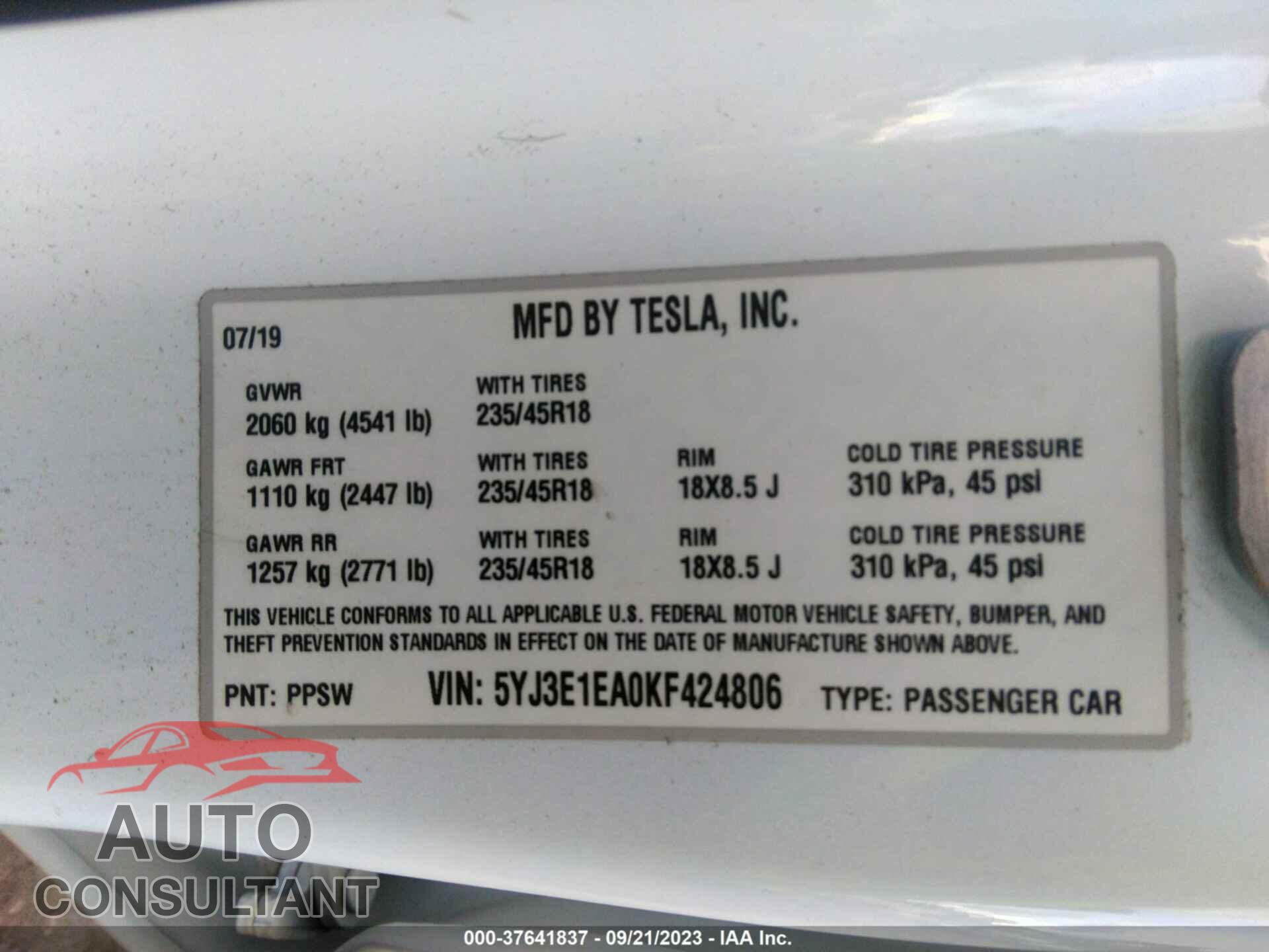 TESLA MODEL 3 2019 - 5YJ3E1EA0KF424806