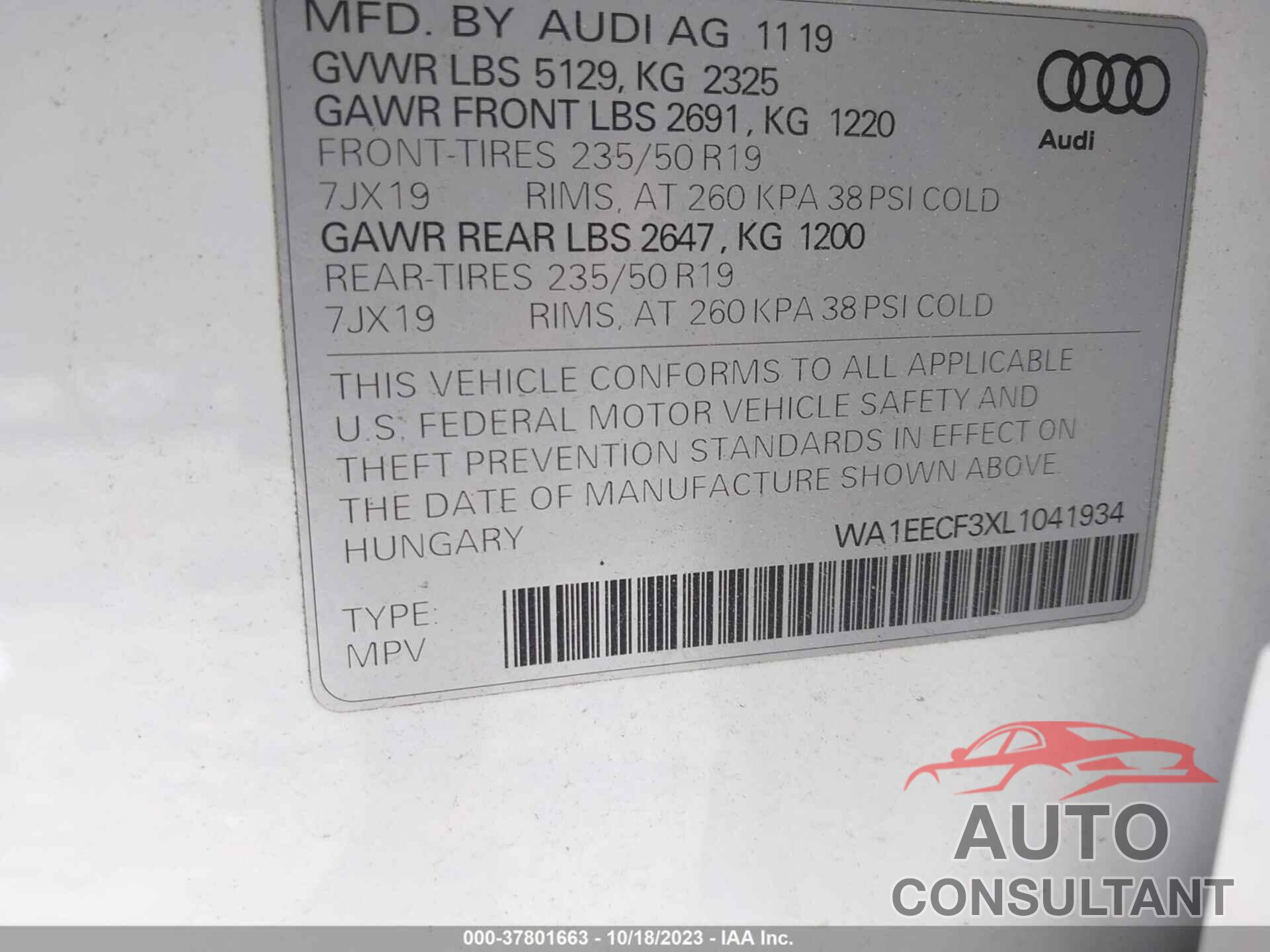 AUDI Q3 2020 - WA1EECF3XL1041934