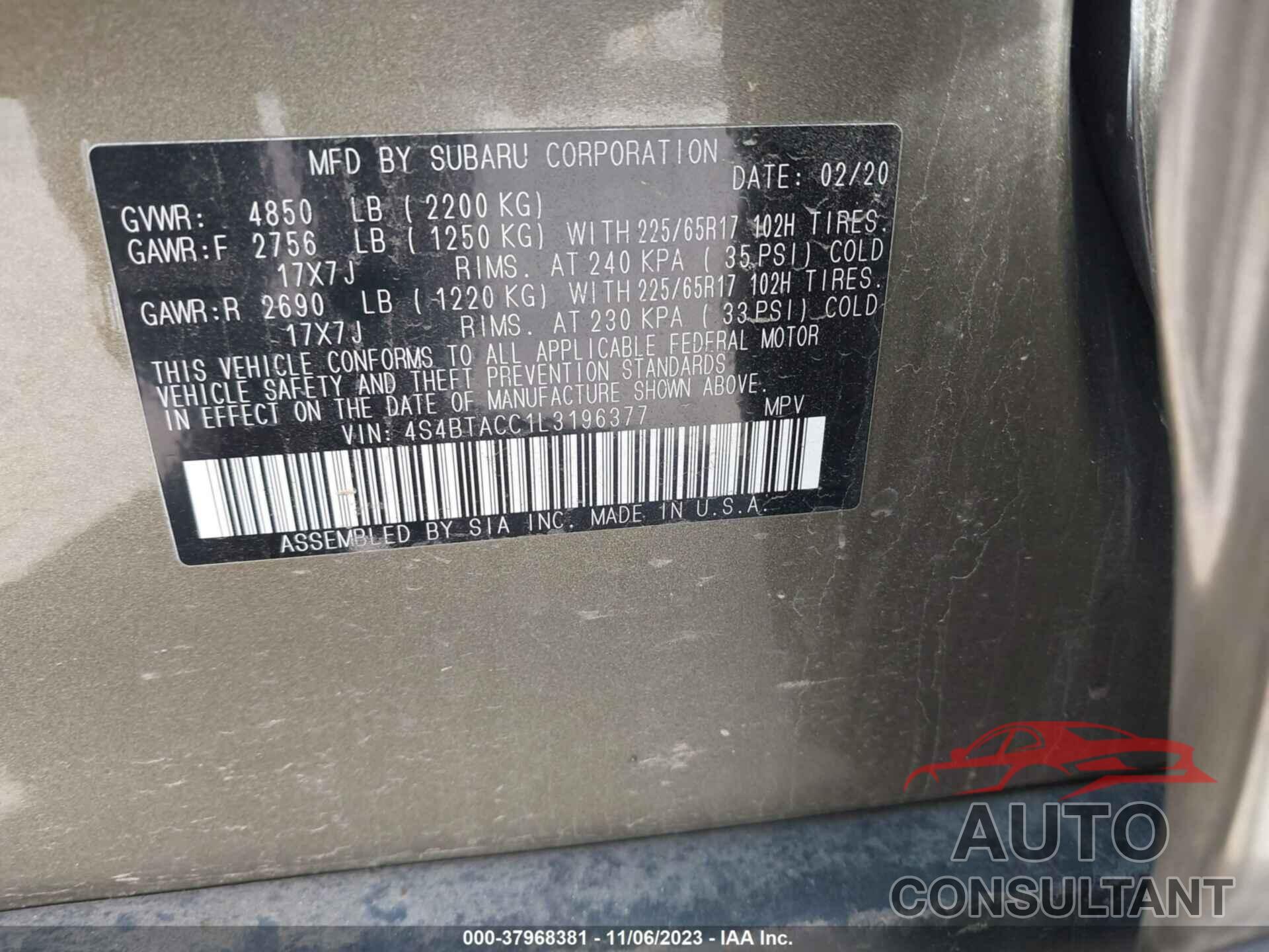 SUBARU OUTBACK 2020 - 4S4BTACC1L3196377