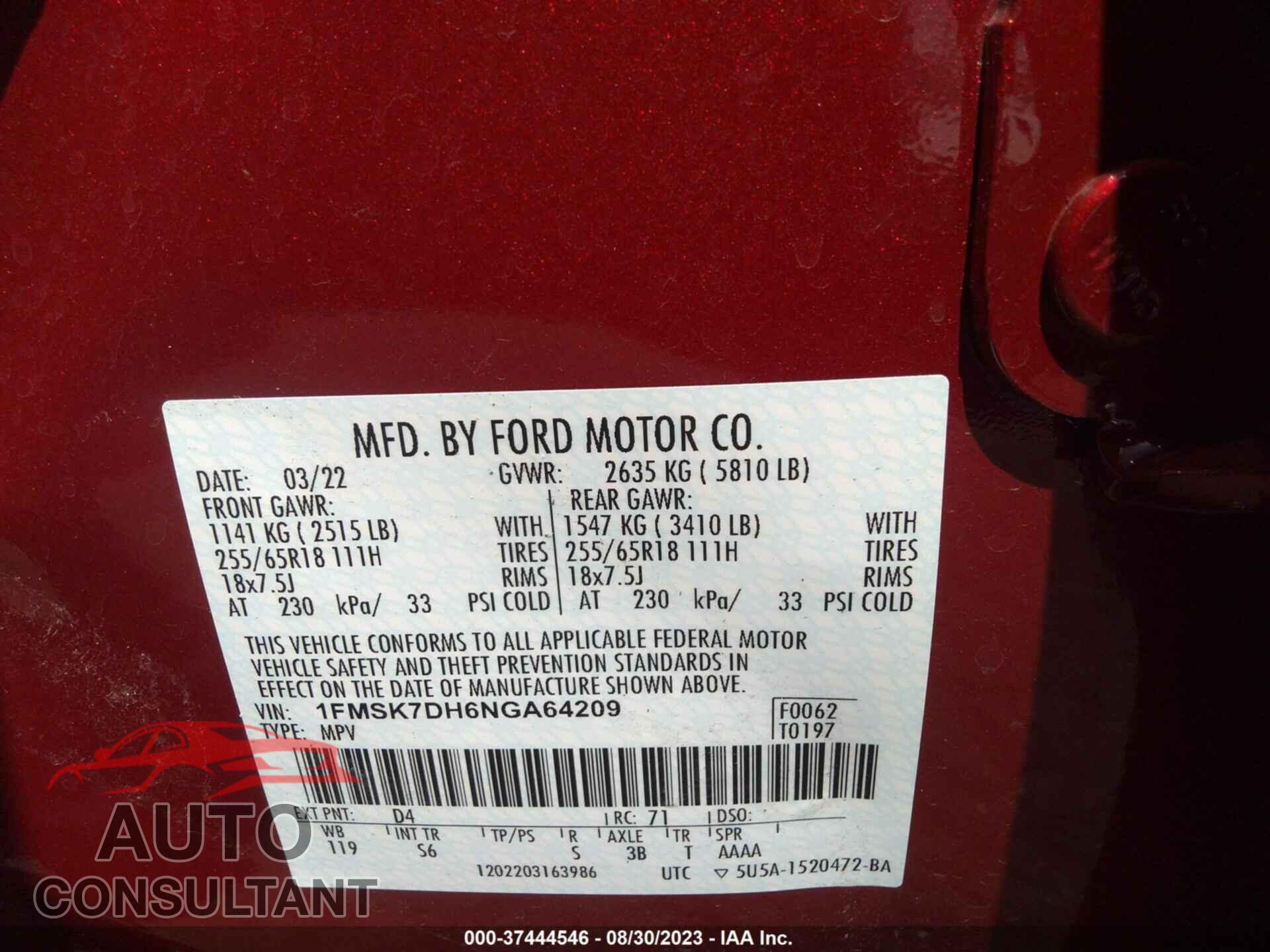 FORD EXPLORER 2022 - 1FMSK7DH6NGA64209