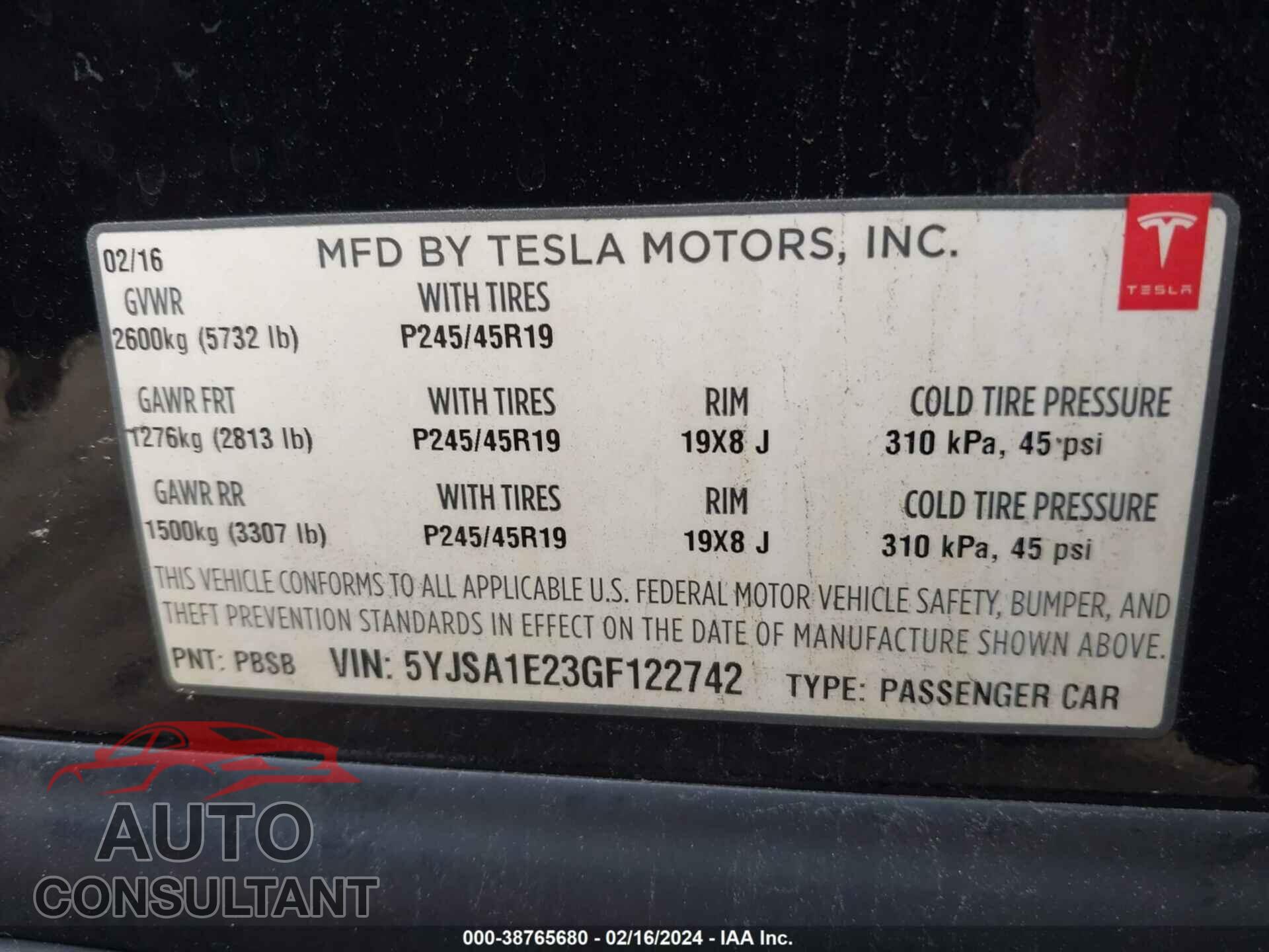 TESLA MODEL S 2016 - 5YJSA1E23GF122742
