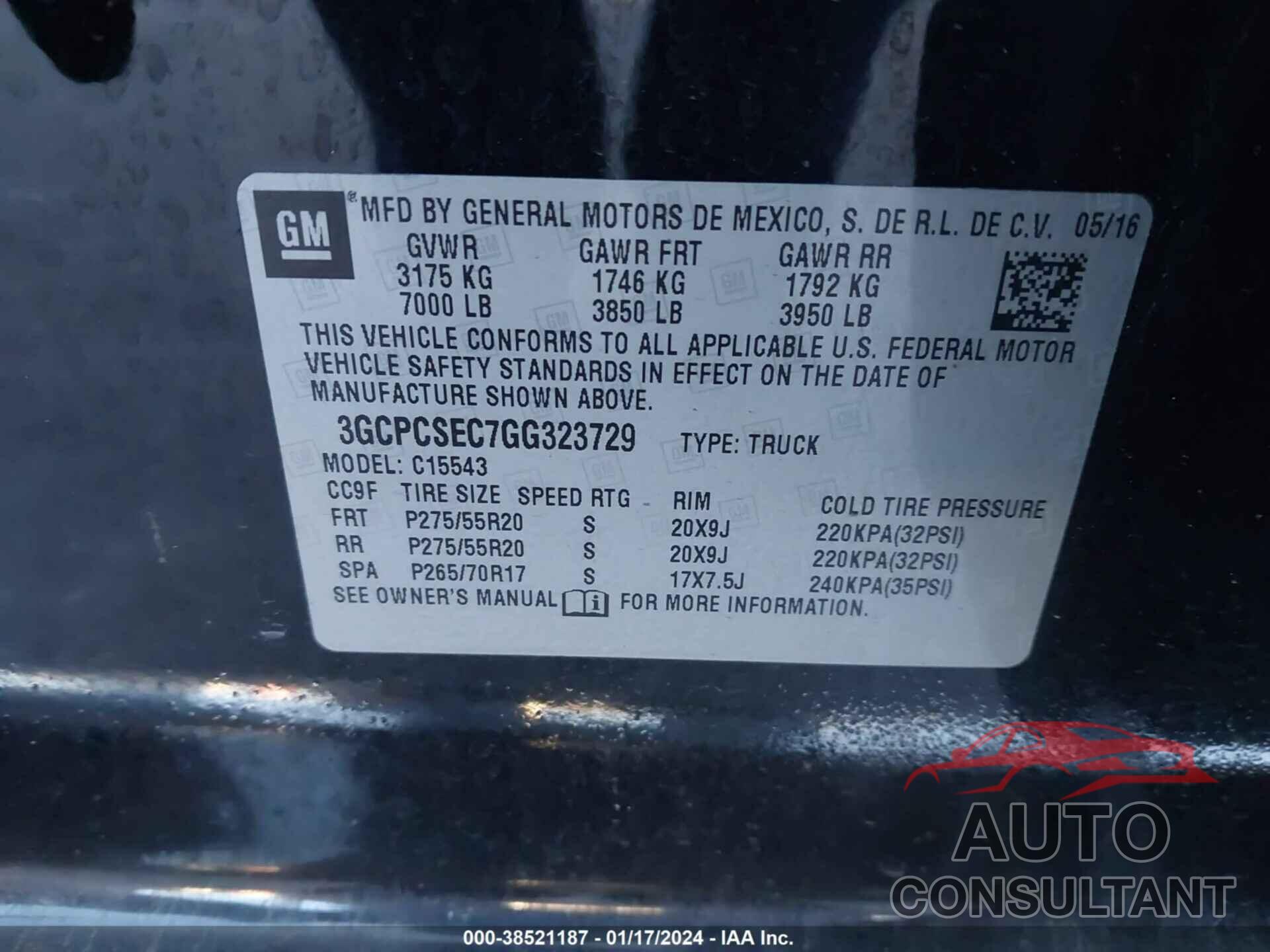 CHEVROLET SILVERADO 1500 2016 - 3GCPCSEC7GG323729