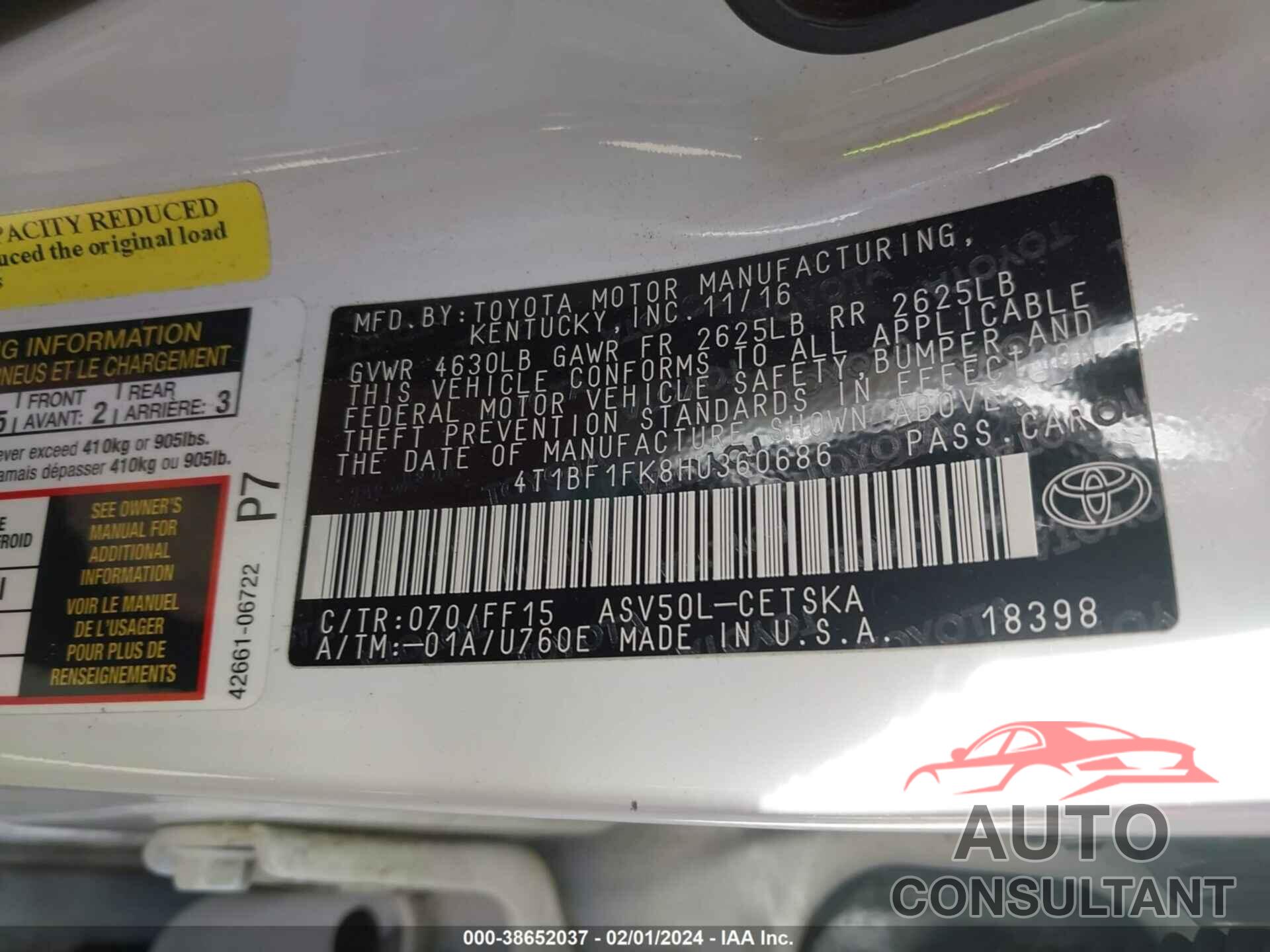 TOYOTA CAMRY 2017 - 4T1BF1FK8HU360686