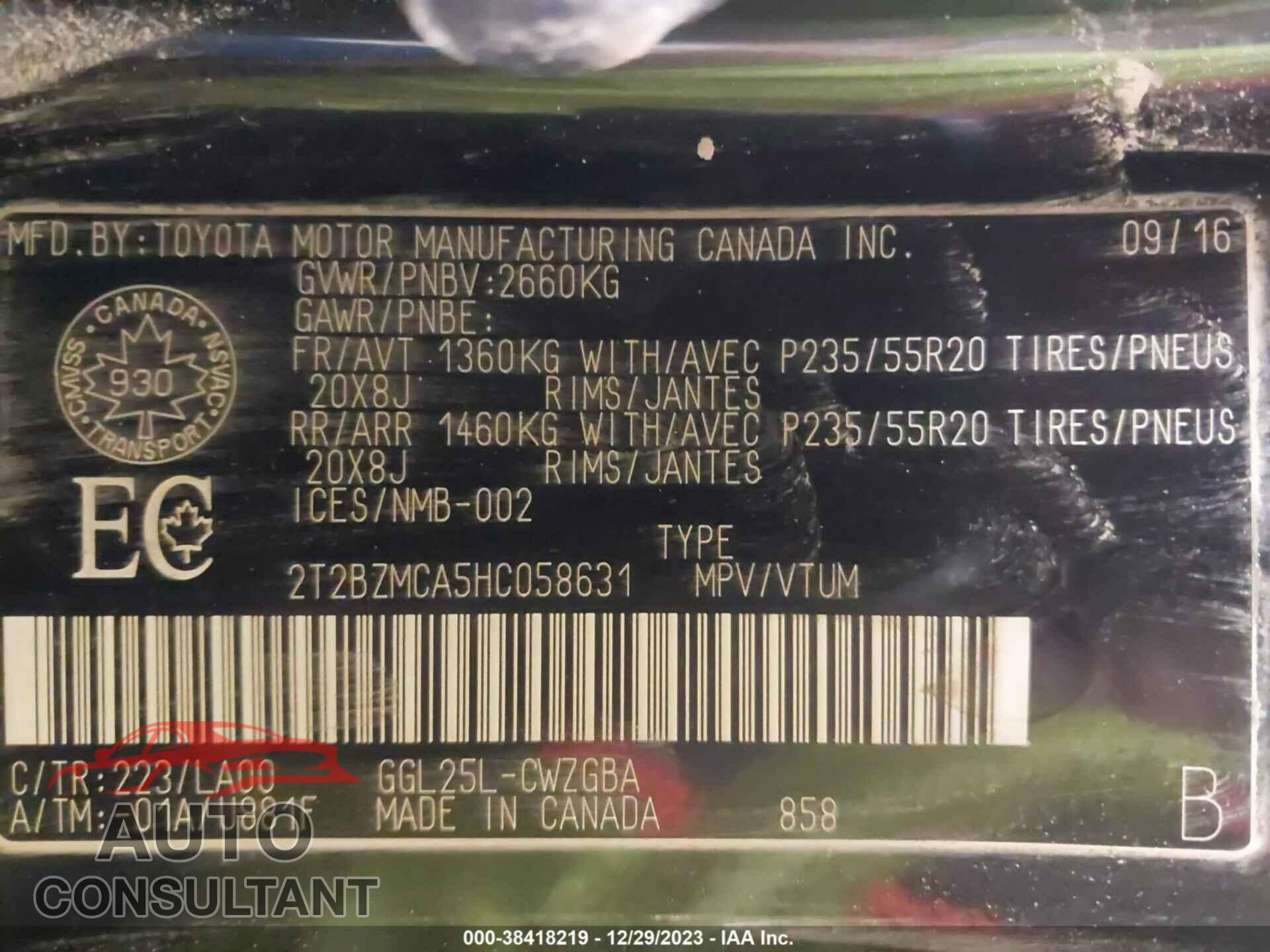 LEXUS RX 350 2017 - 2T2BZMCA5HC058631