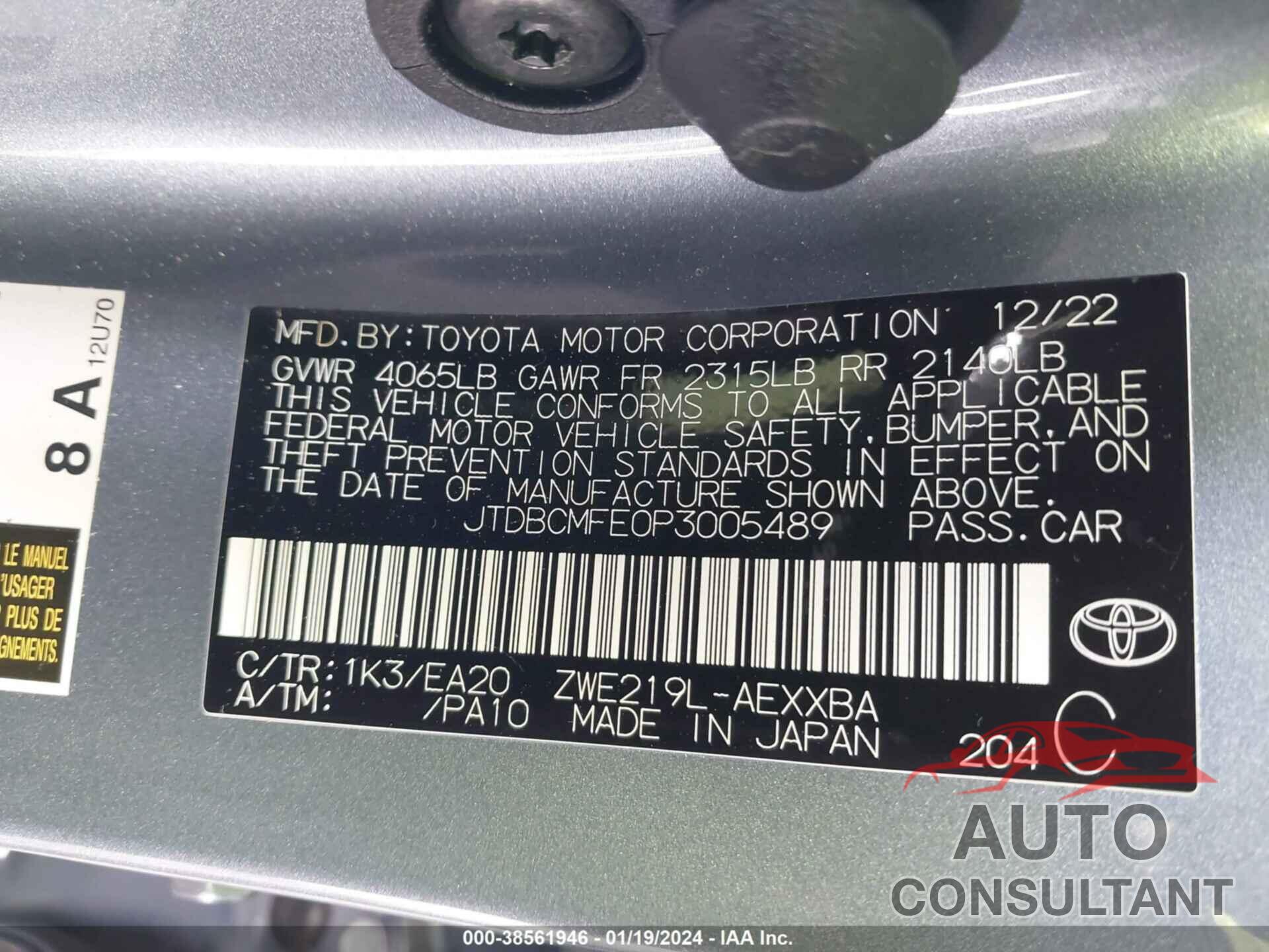 TOYOTA COROLLA 2023 - JTDBCMFE0P3005489