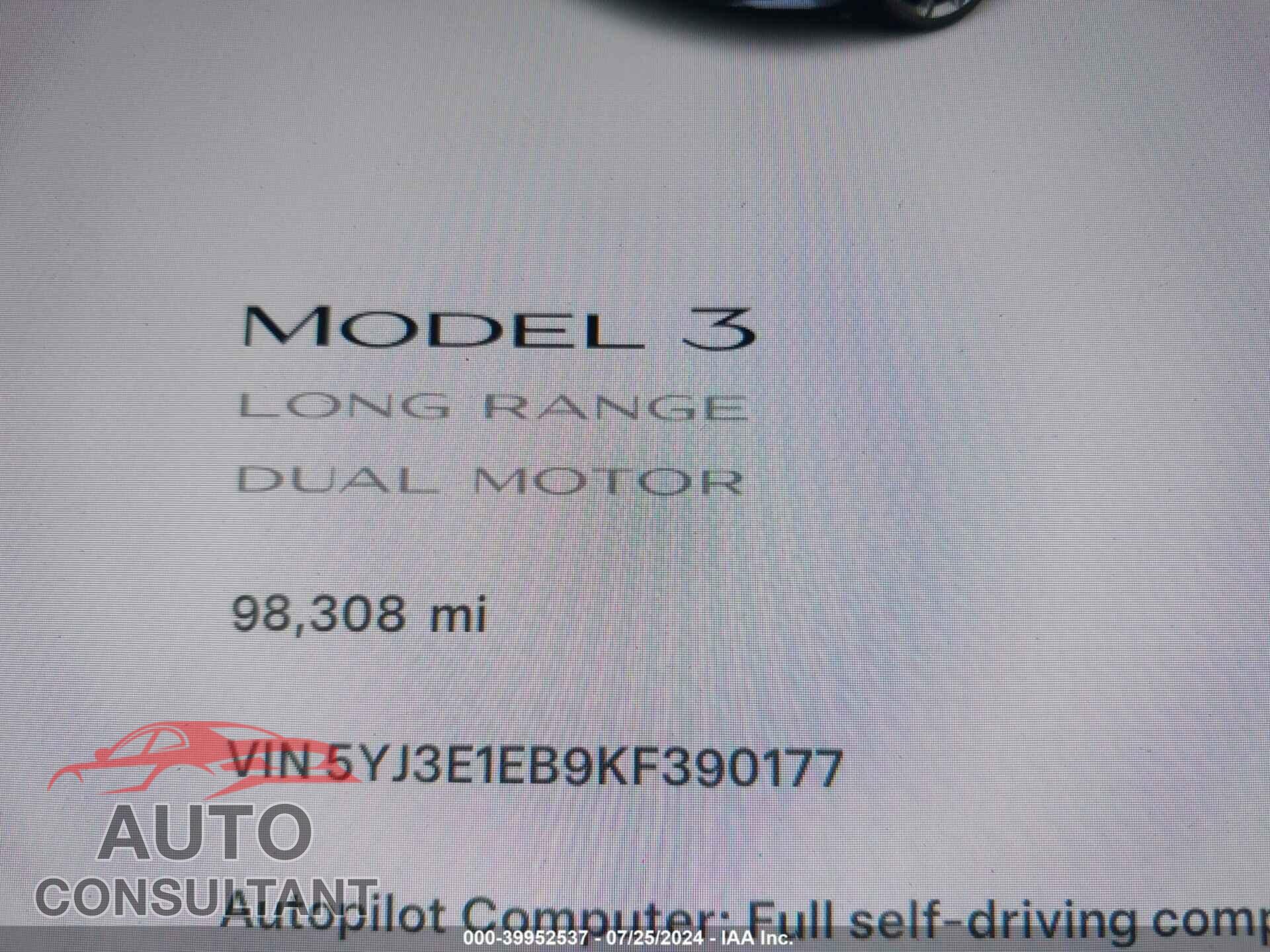 TESLA MODEL 3 2019 - 5YJ3E1EB9KF390177