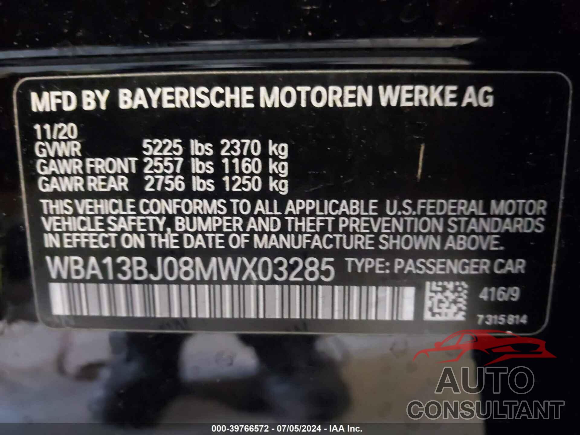 BMW 530I 2021 - WBA13BJ08MWX03285