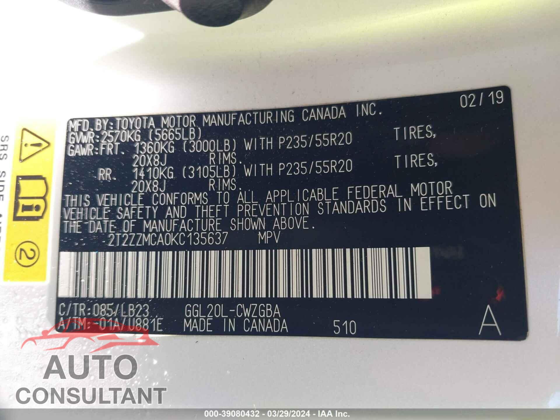 LEXUS RX 2019 - 2T2ZZMCA0KC135637