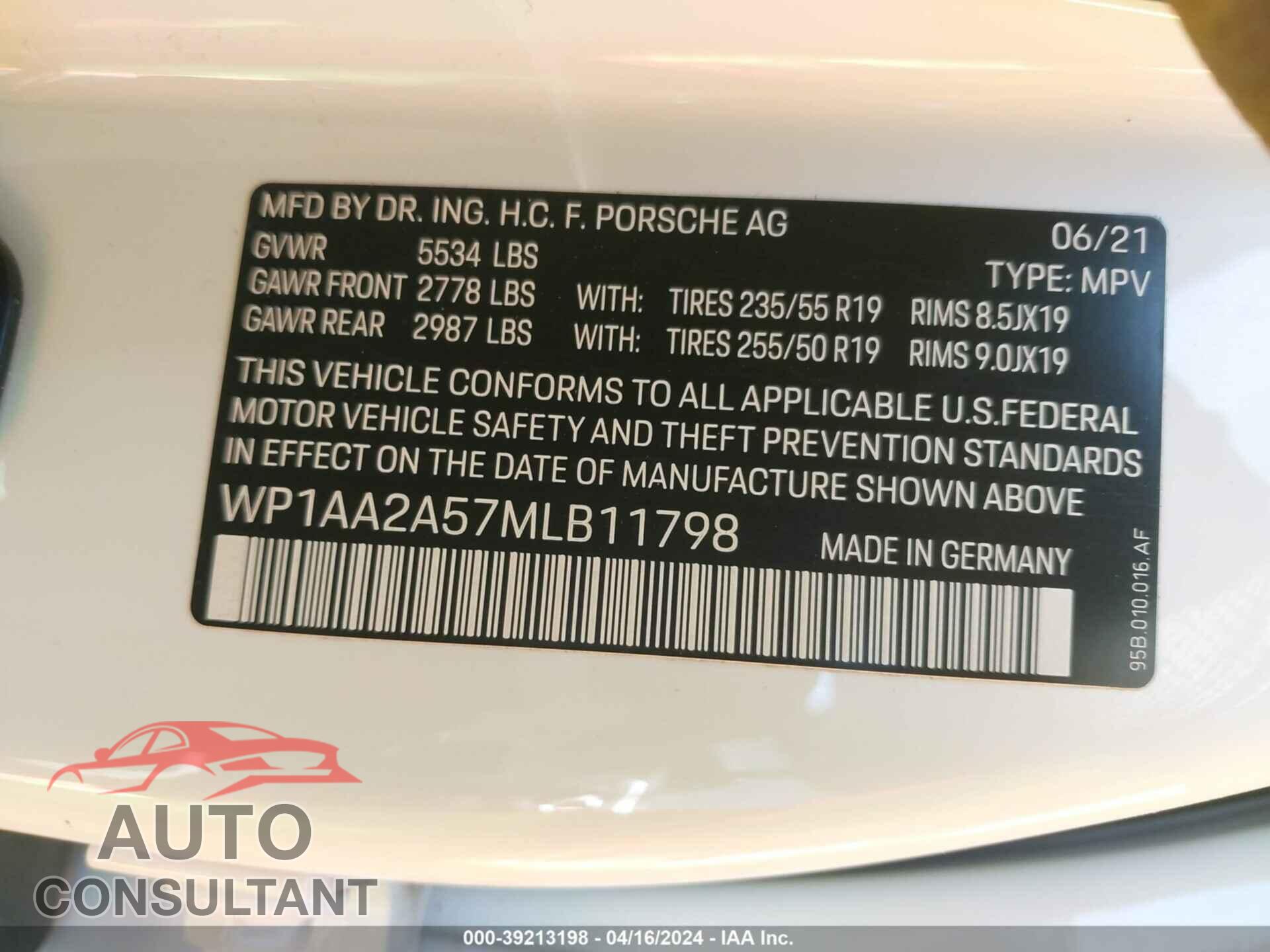 PORSCHE MACAN 2021 - WP1AA2A57MLB11798