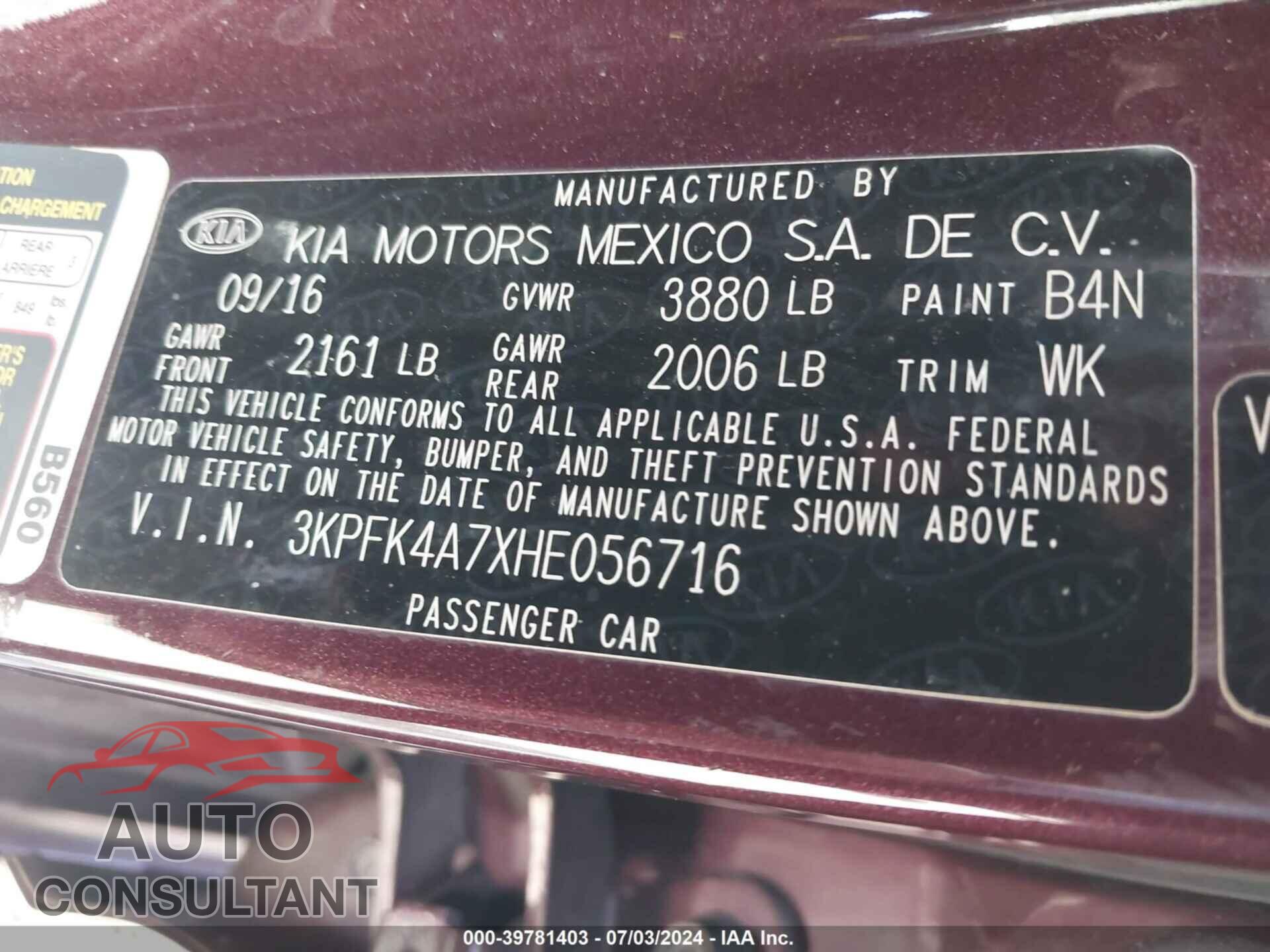 KIA FORTE 2017 - 3KPFK4A7XHE056716