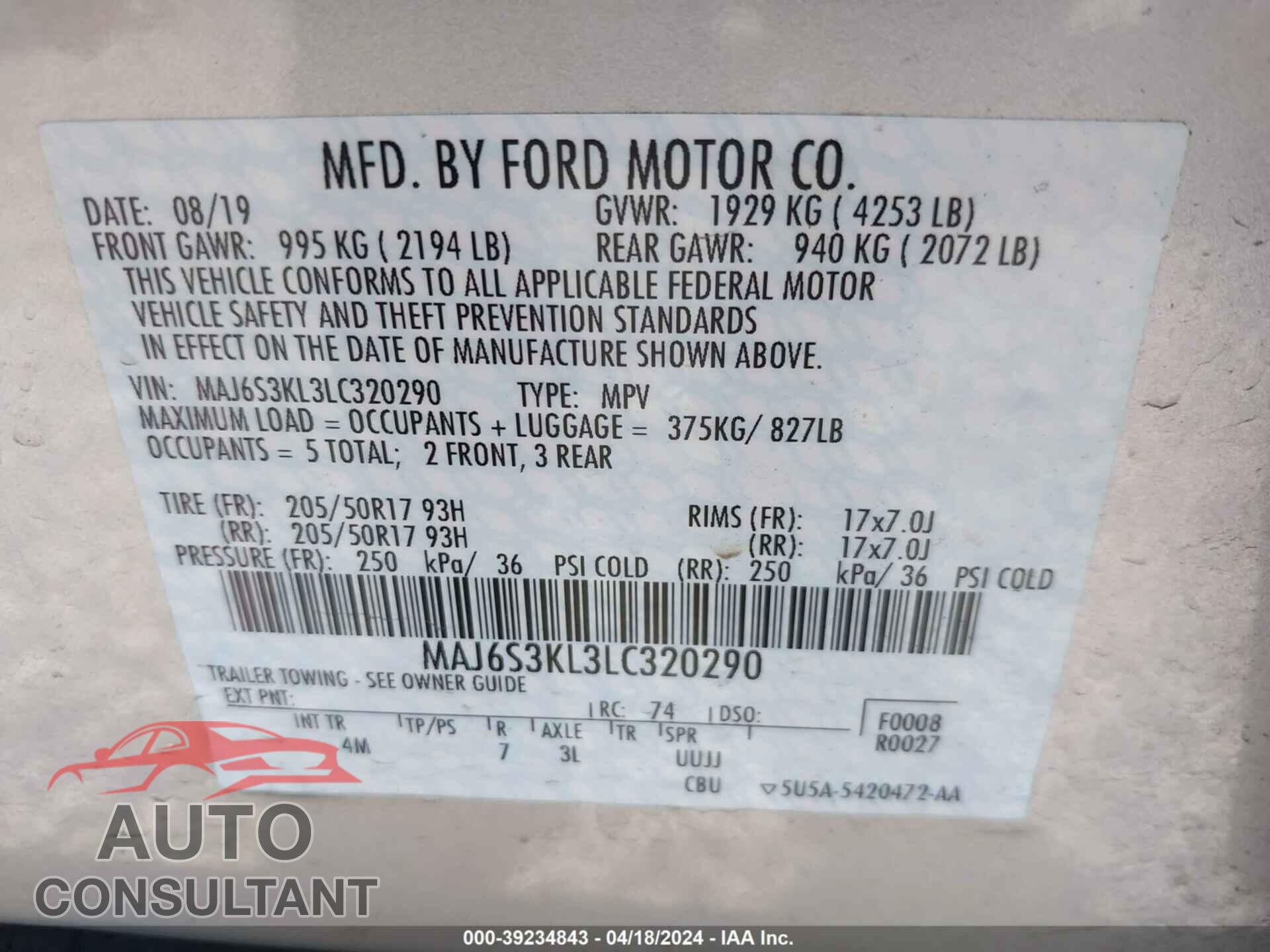 FORD ECOSPORT 2020 - MAJ6S3KL3LC320290