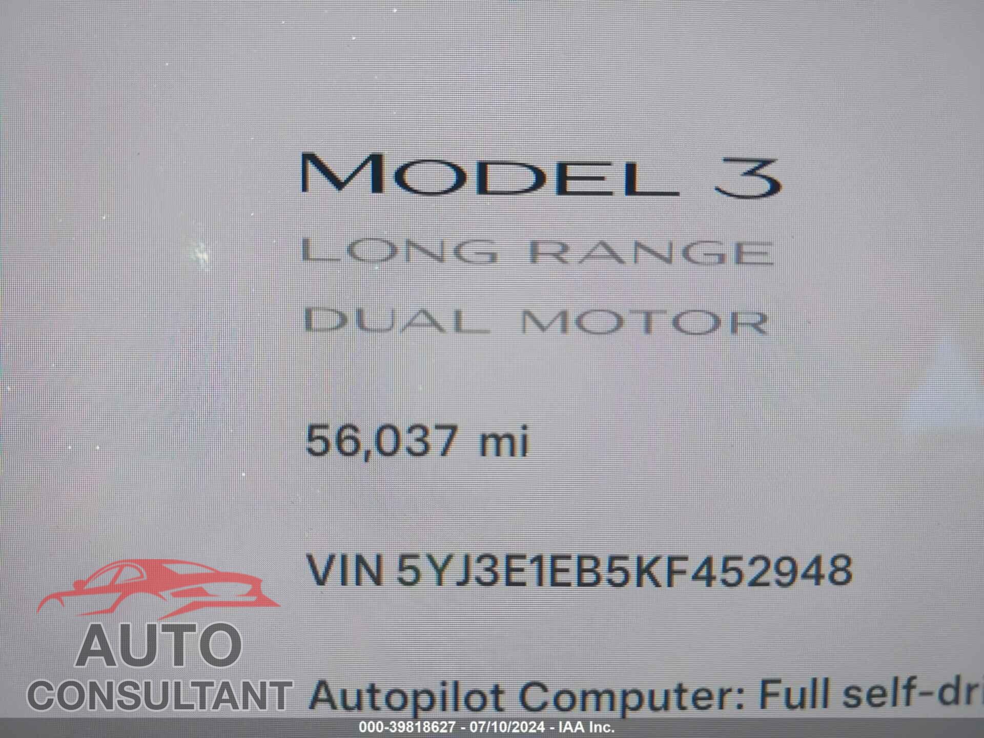 TESLA MODEL 3 2019 - 5YJ3E1EB5KF452948
