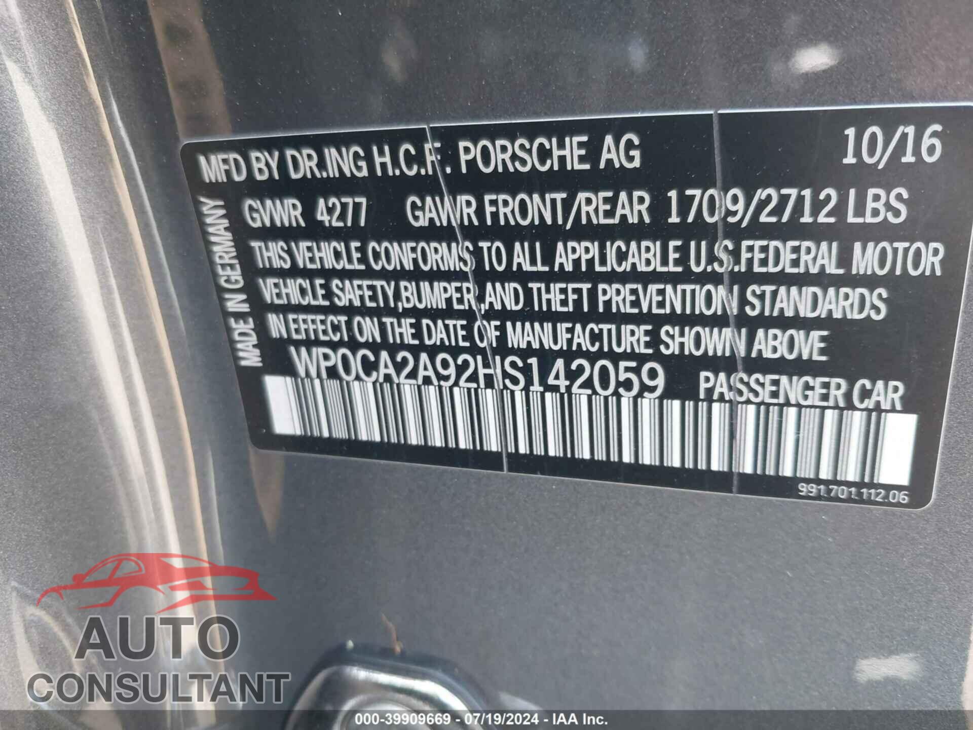 PORSCHE 911 2017 - WP0CA2A92HS142059