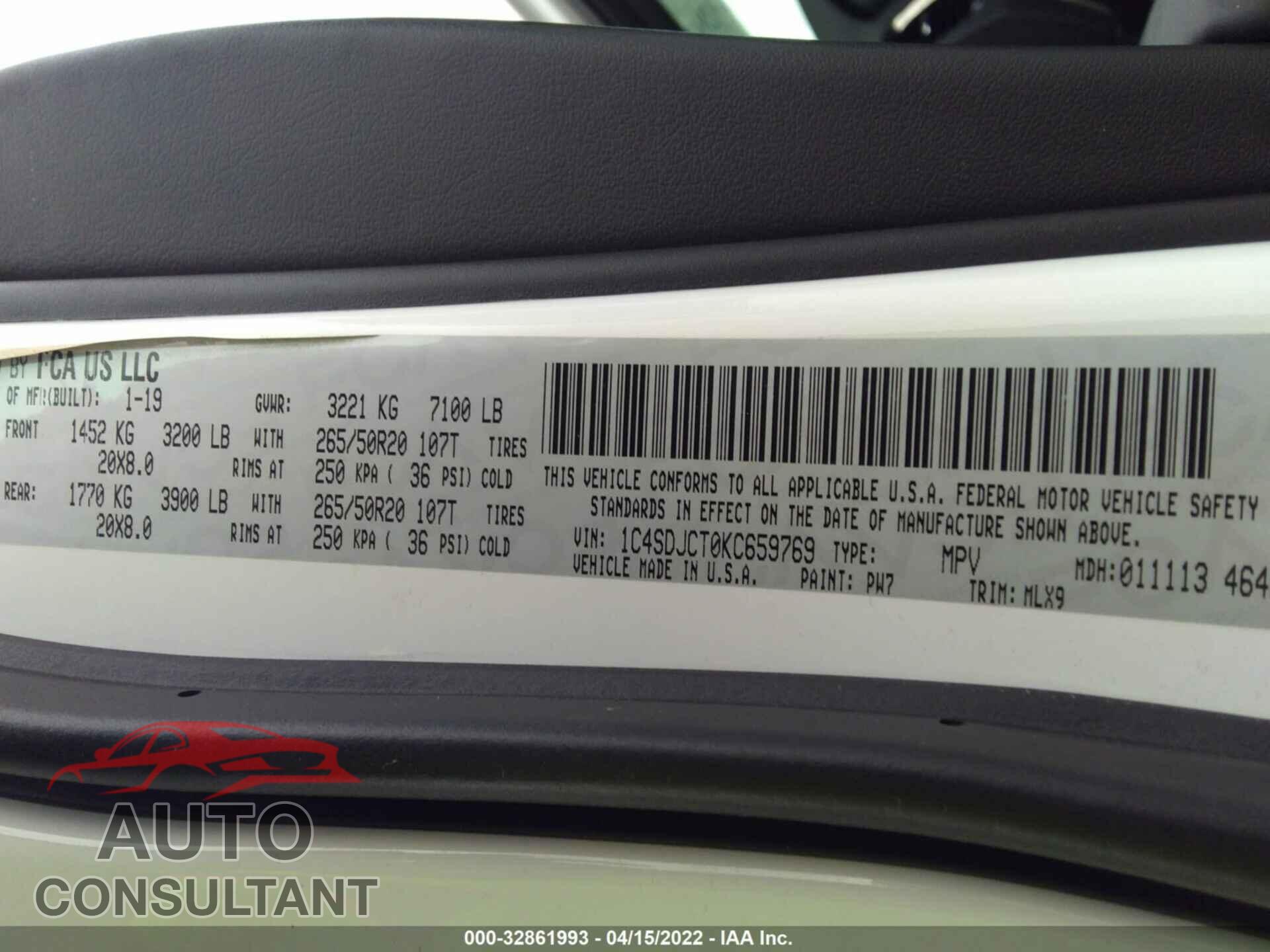 DODGE DURANGO 2019 - 1C4SDJCT0KC659769