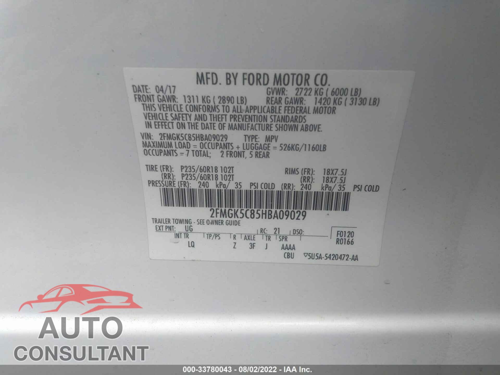FORD FLEX 2017 - 2FMGK5C85HBA09029