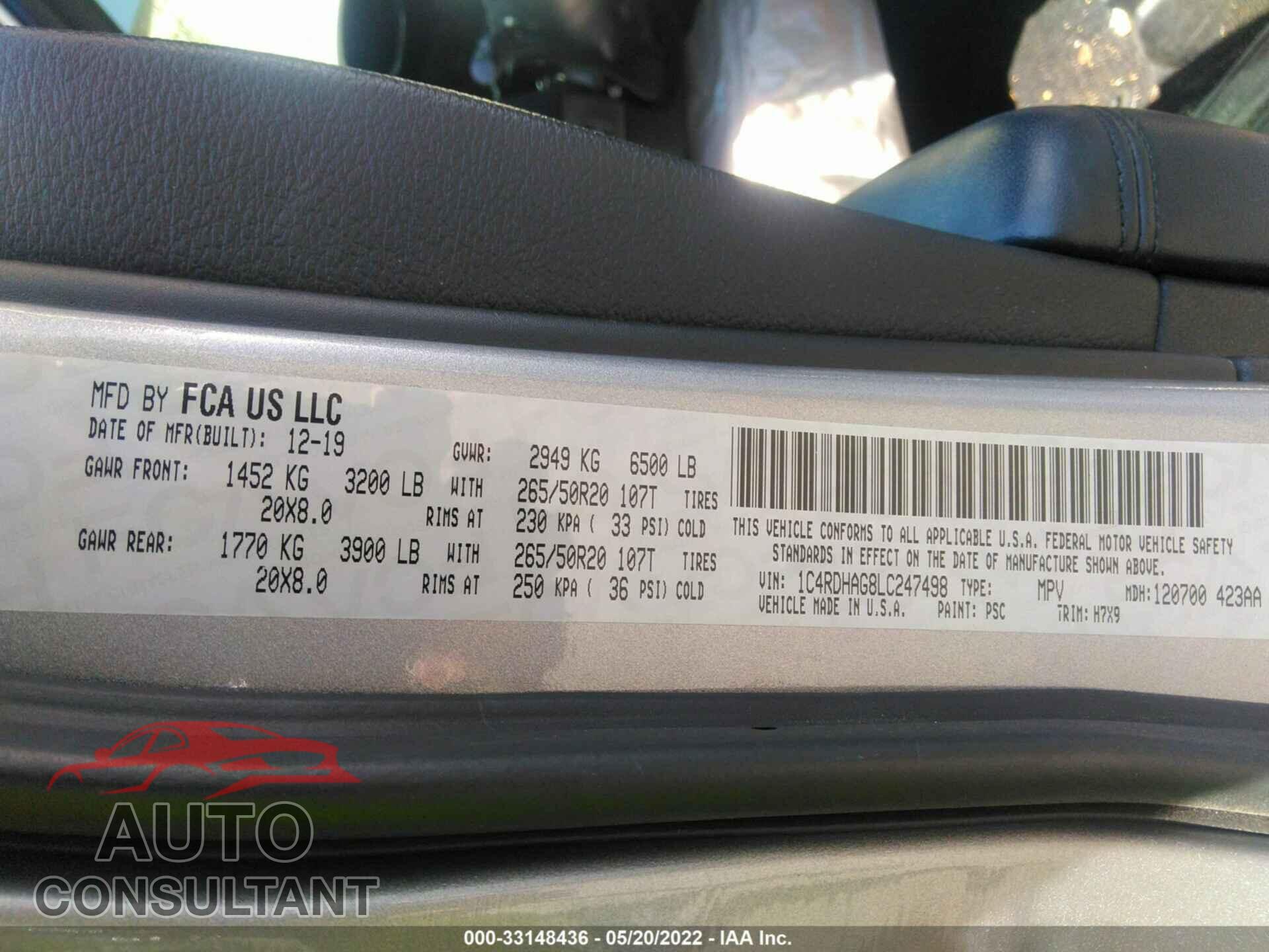 DODGE DURANGO 2020 - 1C4RDHAG8LC247498
