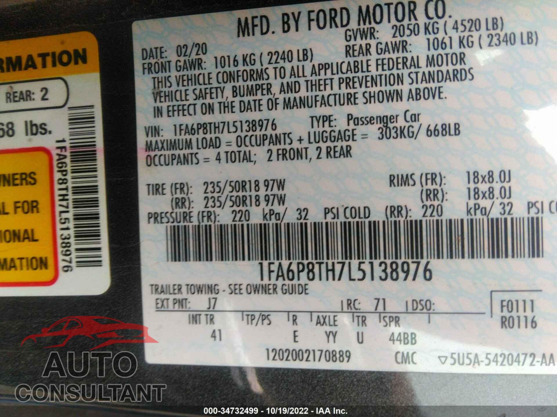 FORD MUSTANG 2020 - 1FA6P8TH7L5138976