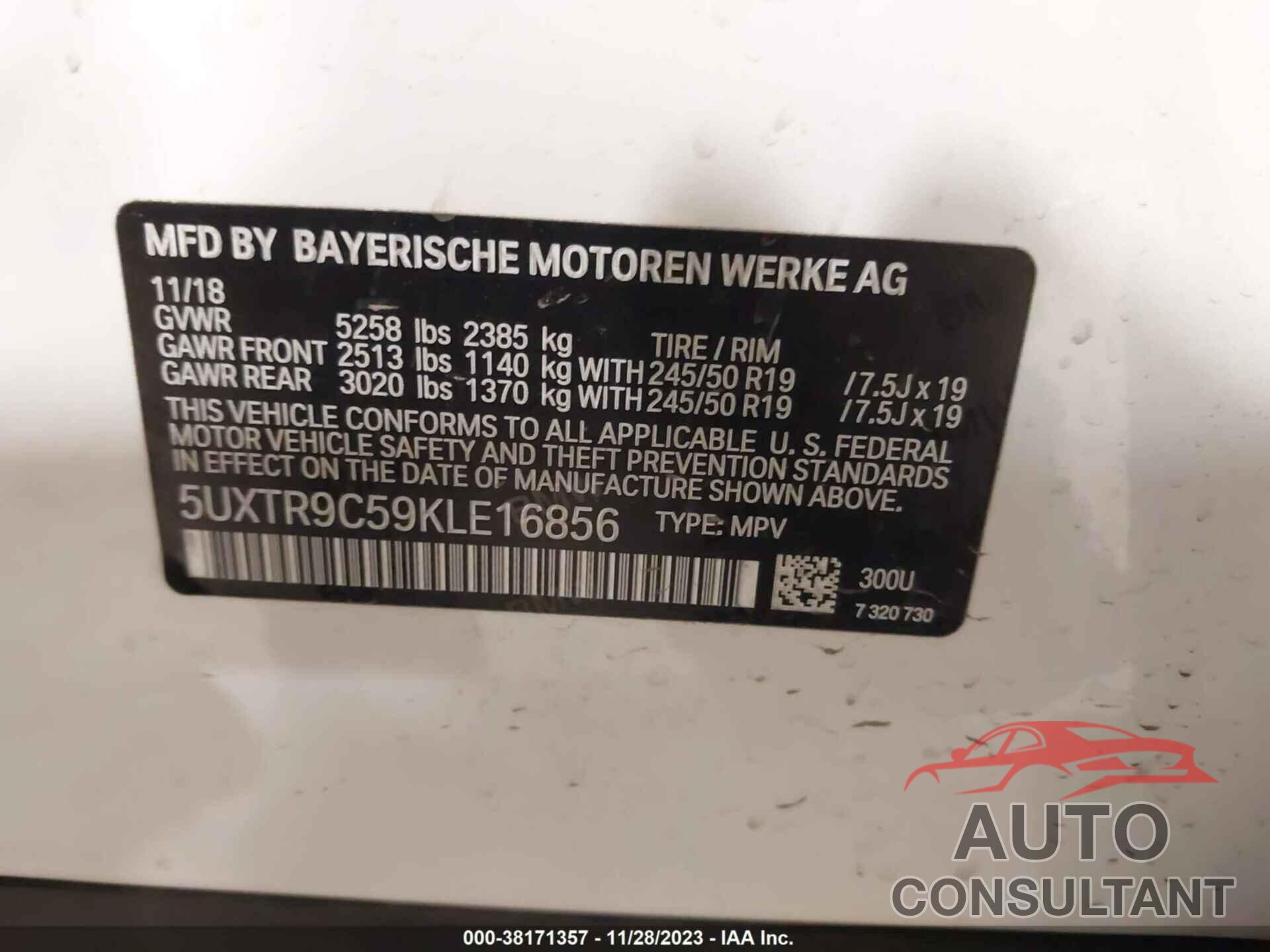 BMW X3 2019 - 5UXTR9C59KLE16856