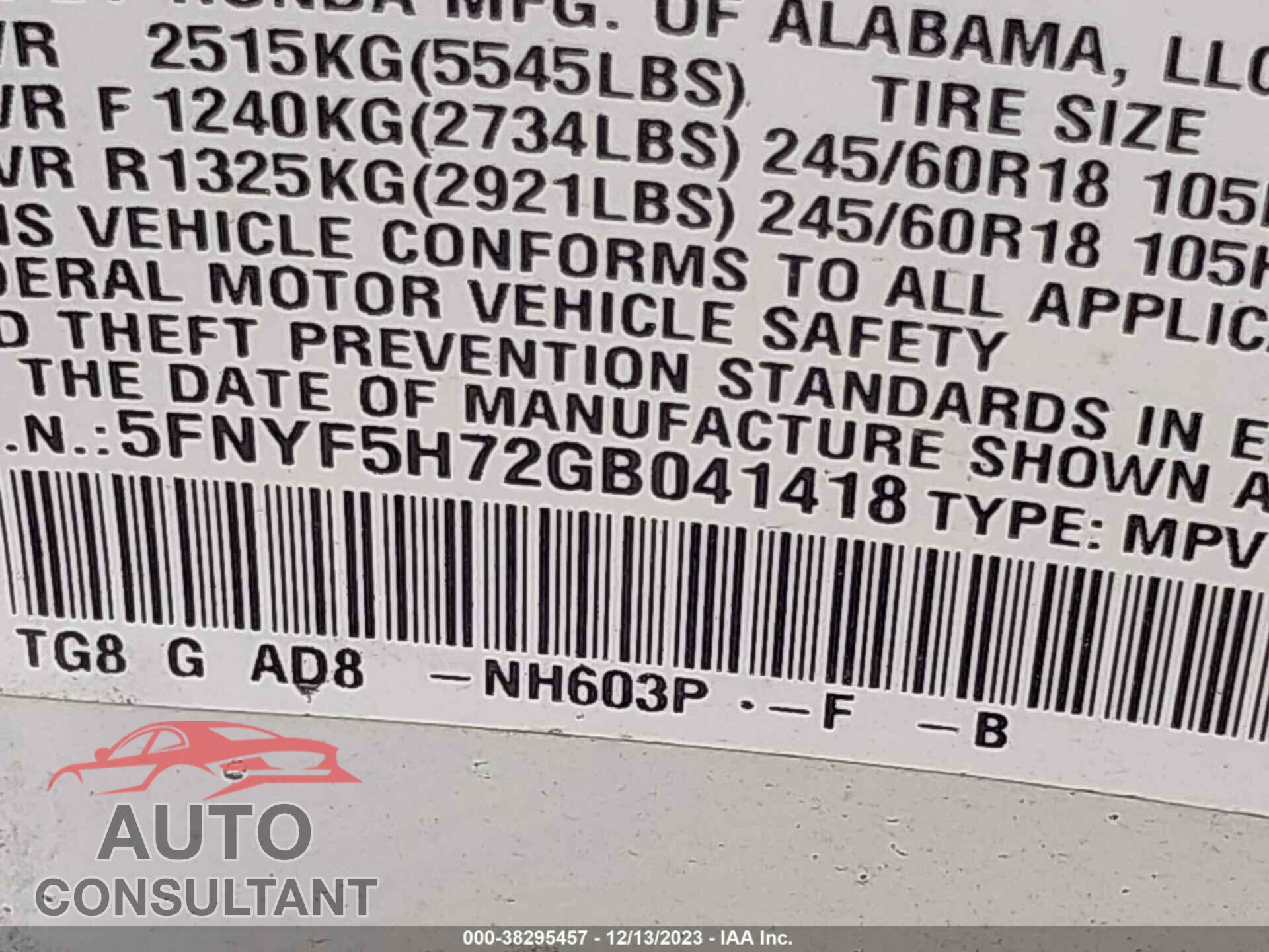 HONDA PILOT 2016 - 5FNYF5H72GB041418