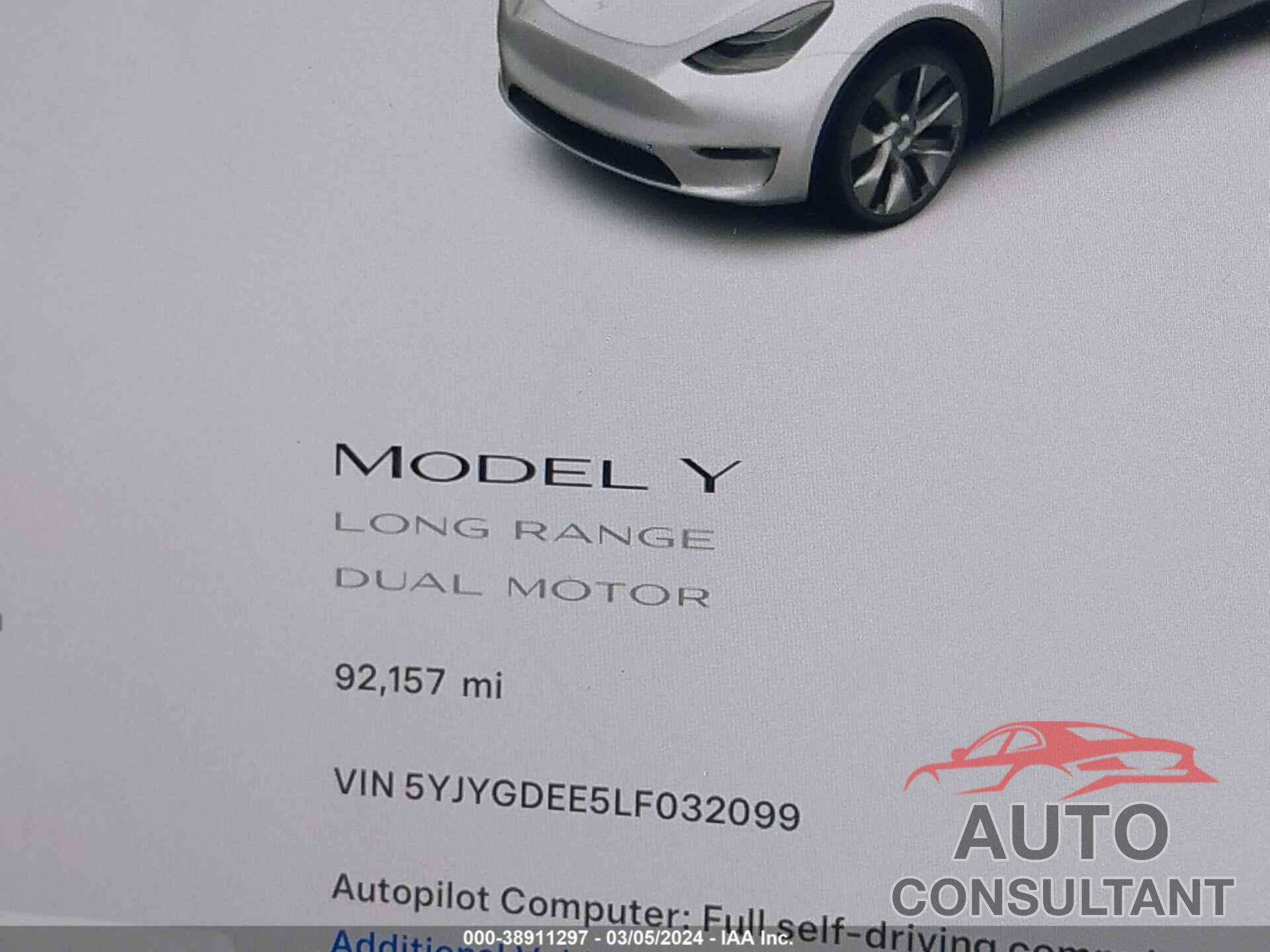 TESLA MODEL Y 2020 - 5YJYGDEE5LF032099