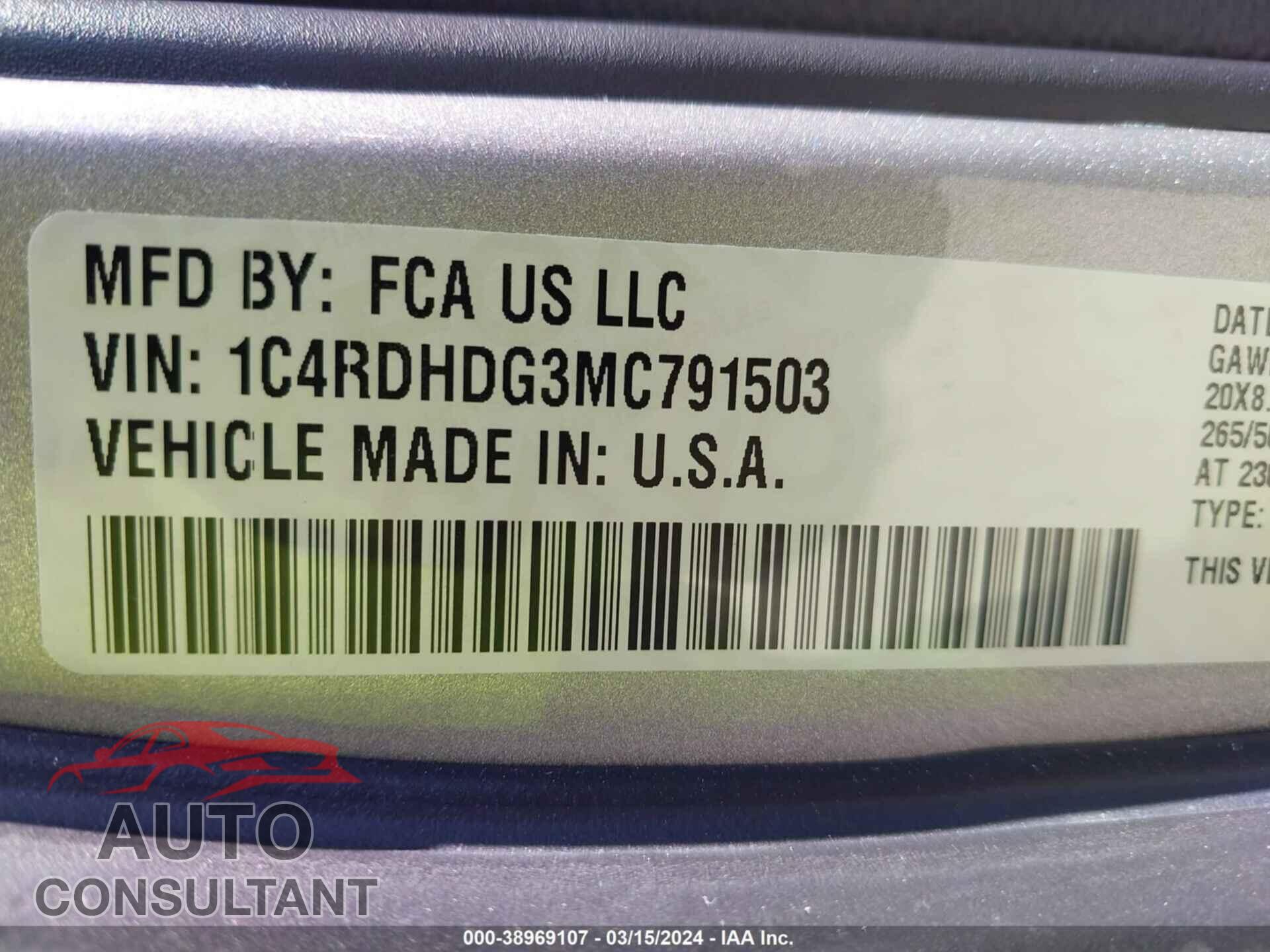 DODGE DURANGO 2021 - 1C4RDHDG3MC791503