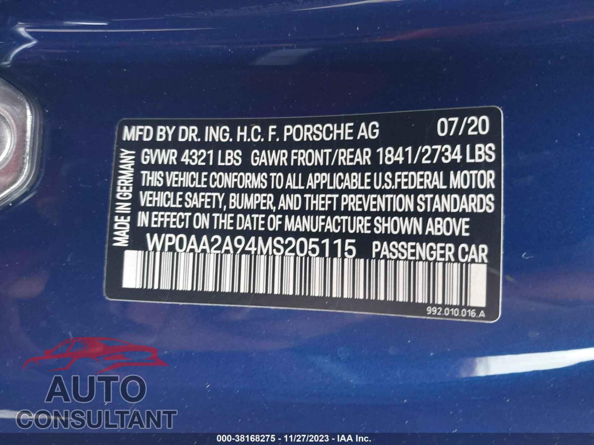 PORSCHE 911 2021 - WP0AA2A94MS205115