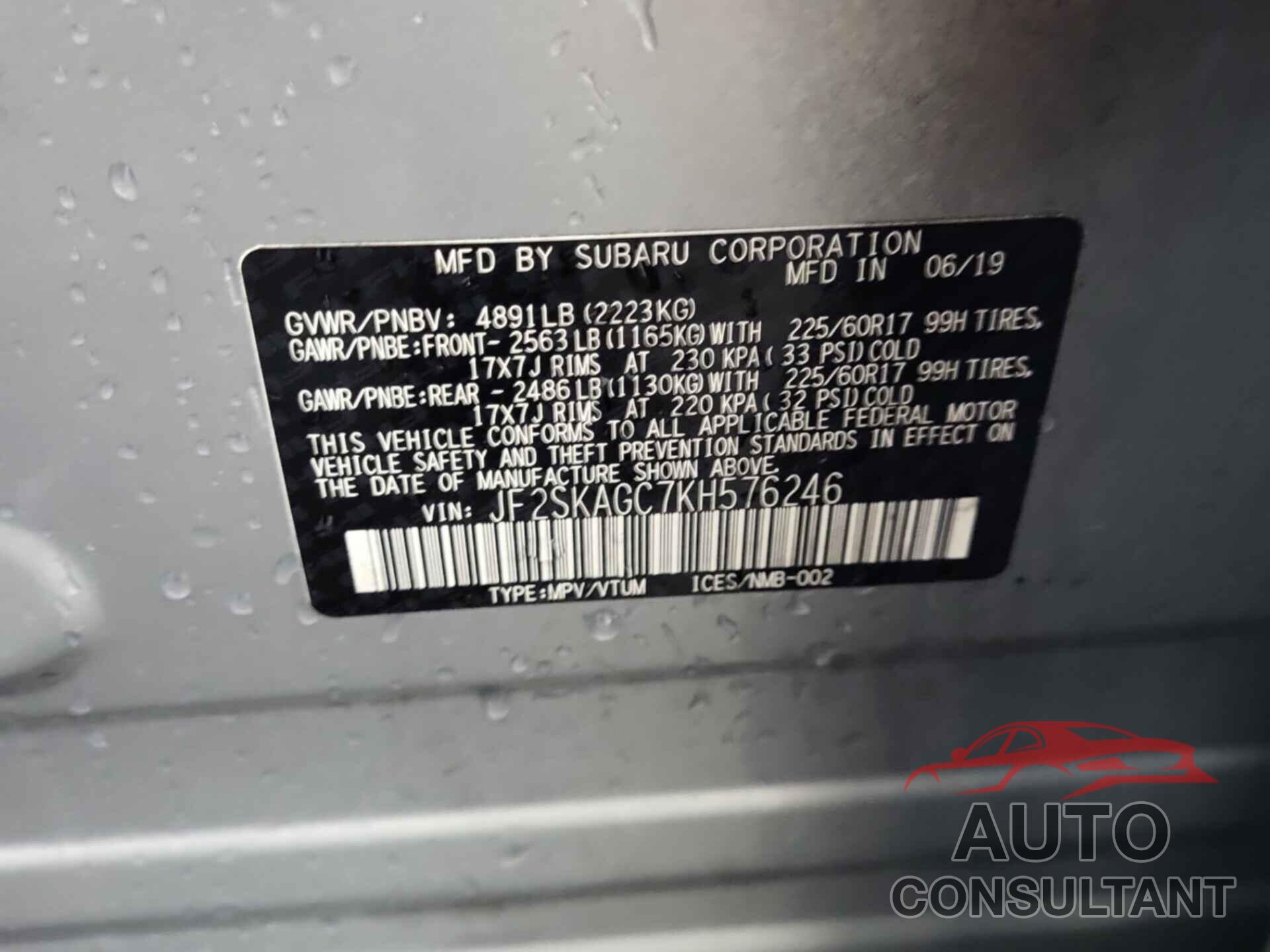 SUBARU FORESTER 2019 - JF2SKAGC7KH576246