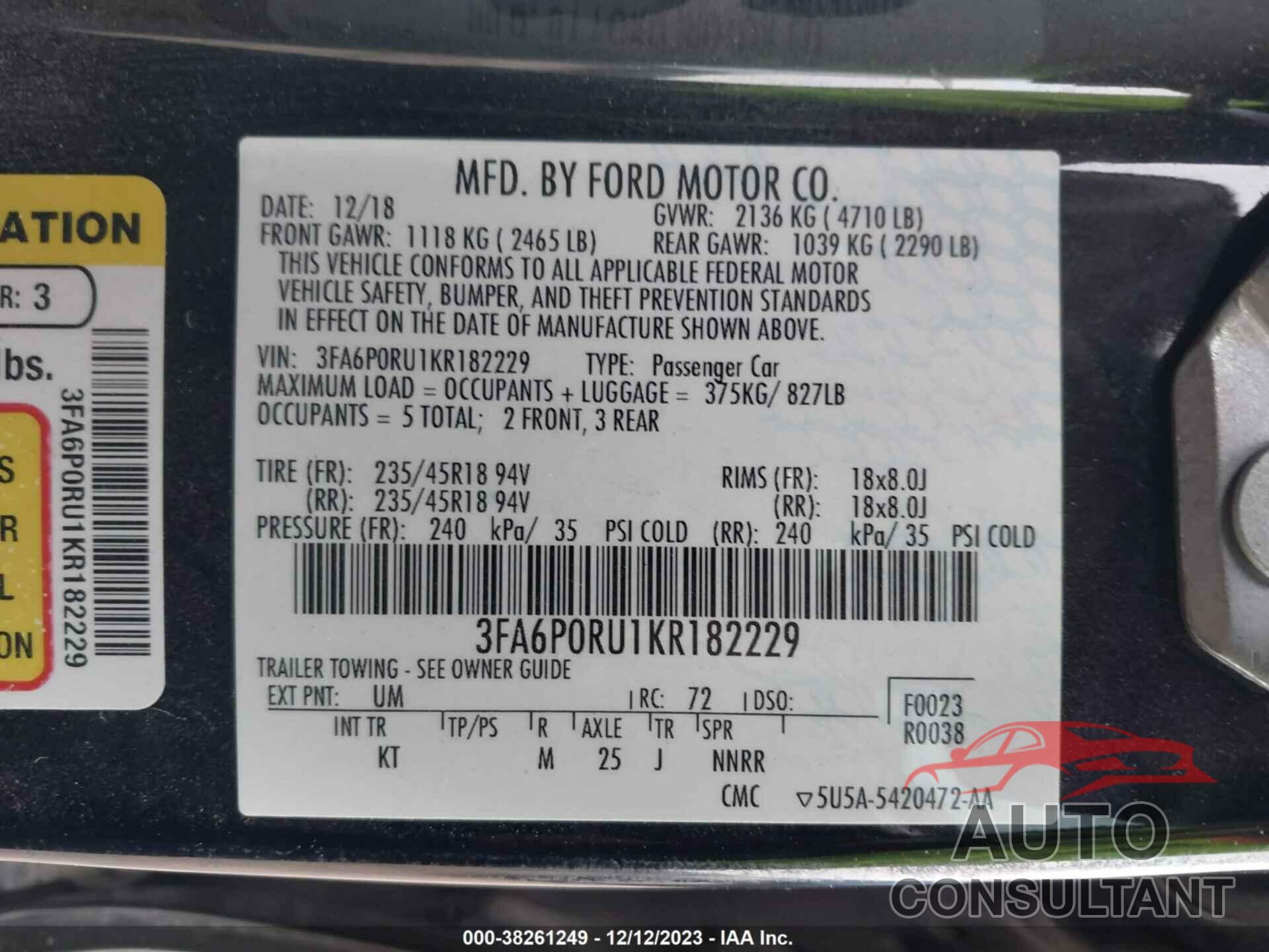 FORD FUSION HYBRID 2019 - 3FA6P0RU1KR182229