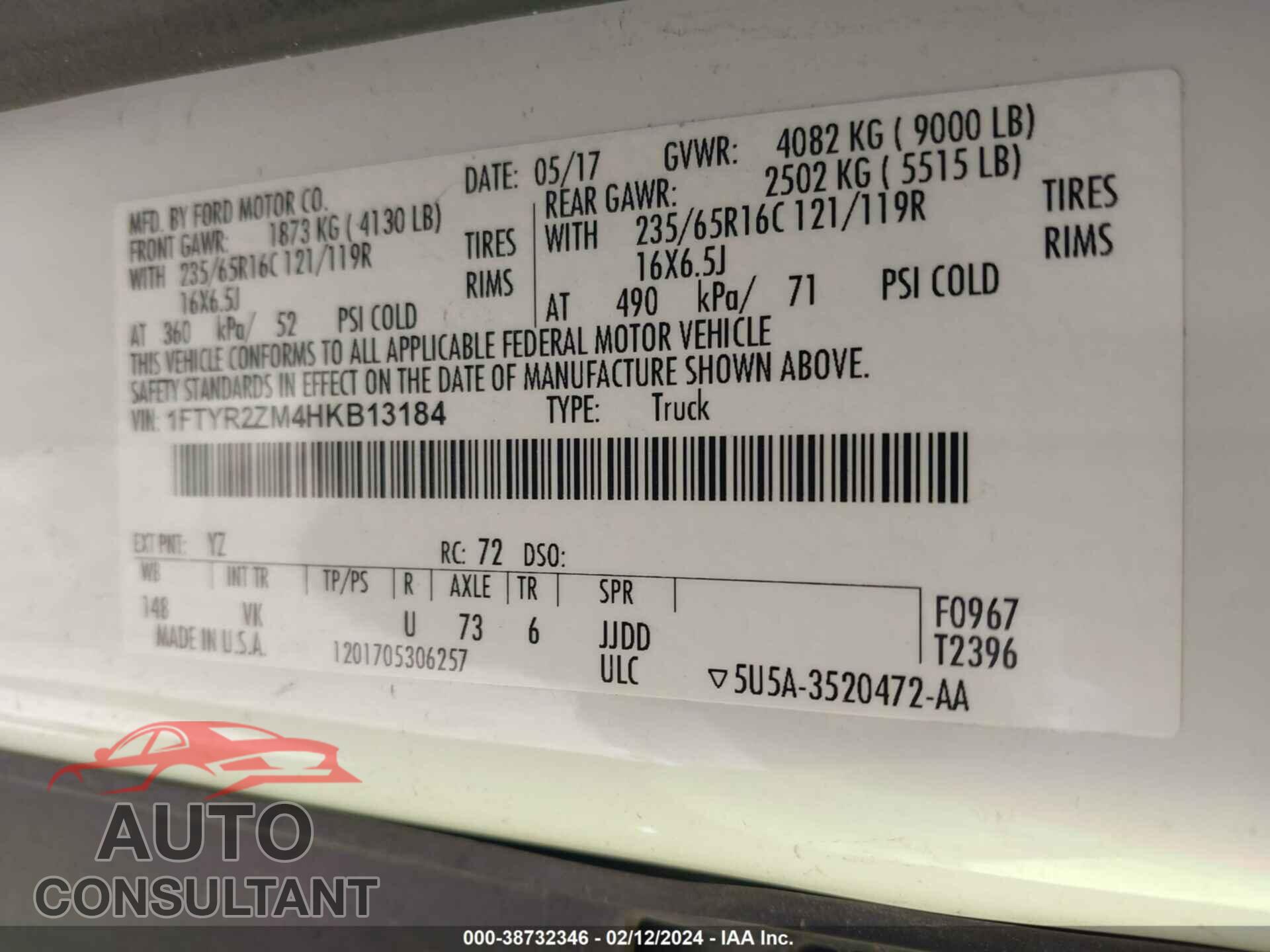 FORD TRANSIT 2017 - 1FTYR2ZM4HKB13184