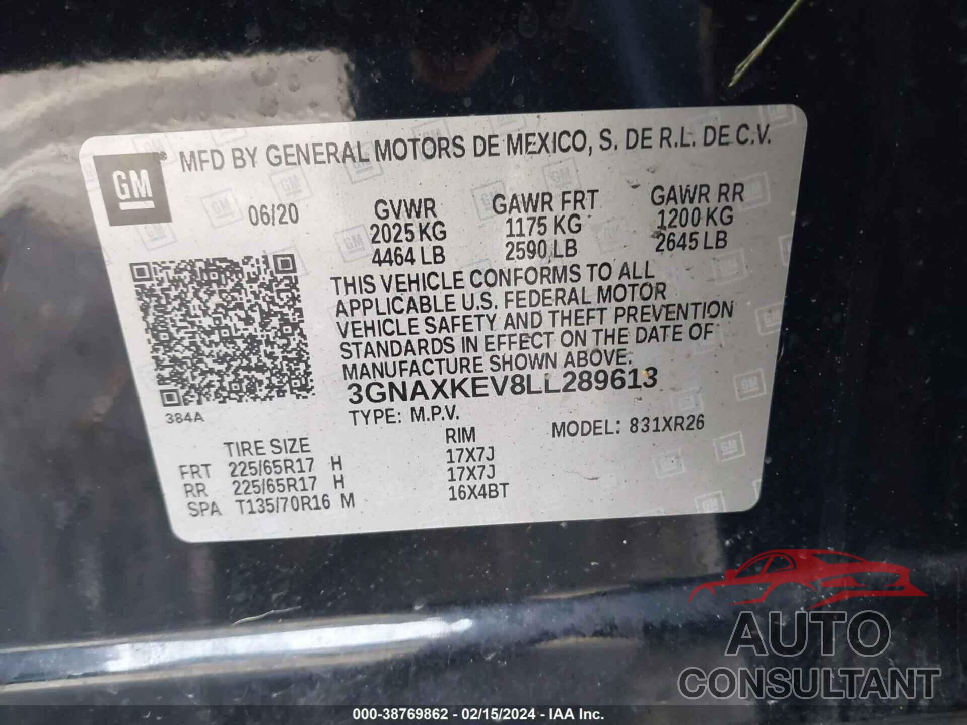 CHEVROLET EQUINOX 2020 - 3GNAXKEV8LL289613