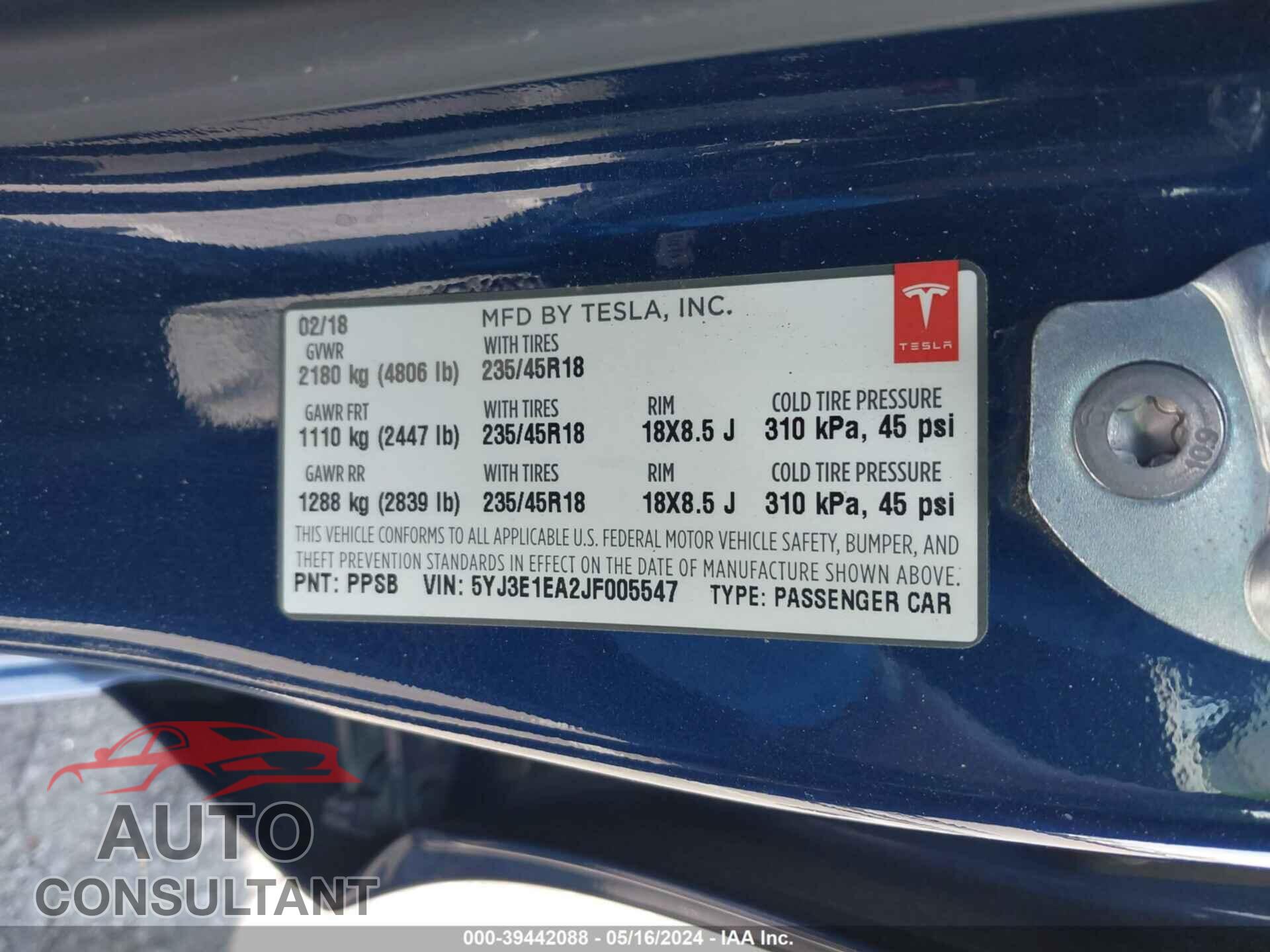 TESLA MODEL 3 2018 - 5YJ3E1EA2JF005547
