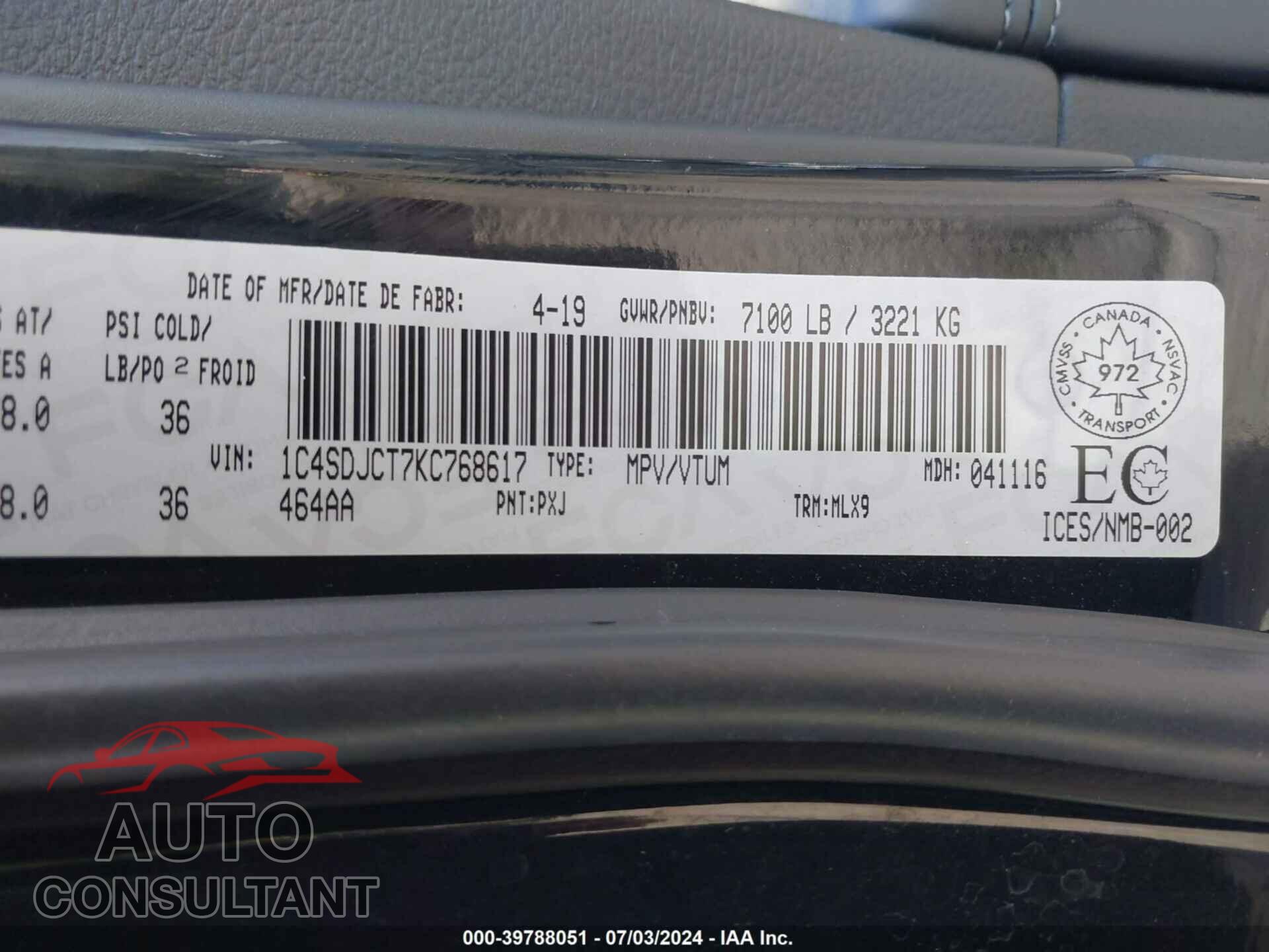 DODGE DURANGO 2019 - 1C4SDJCT7KC768617