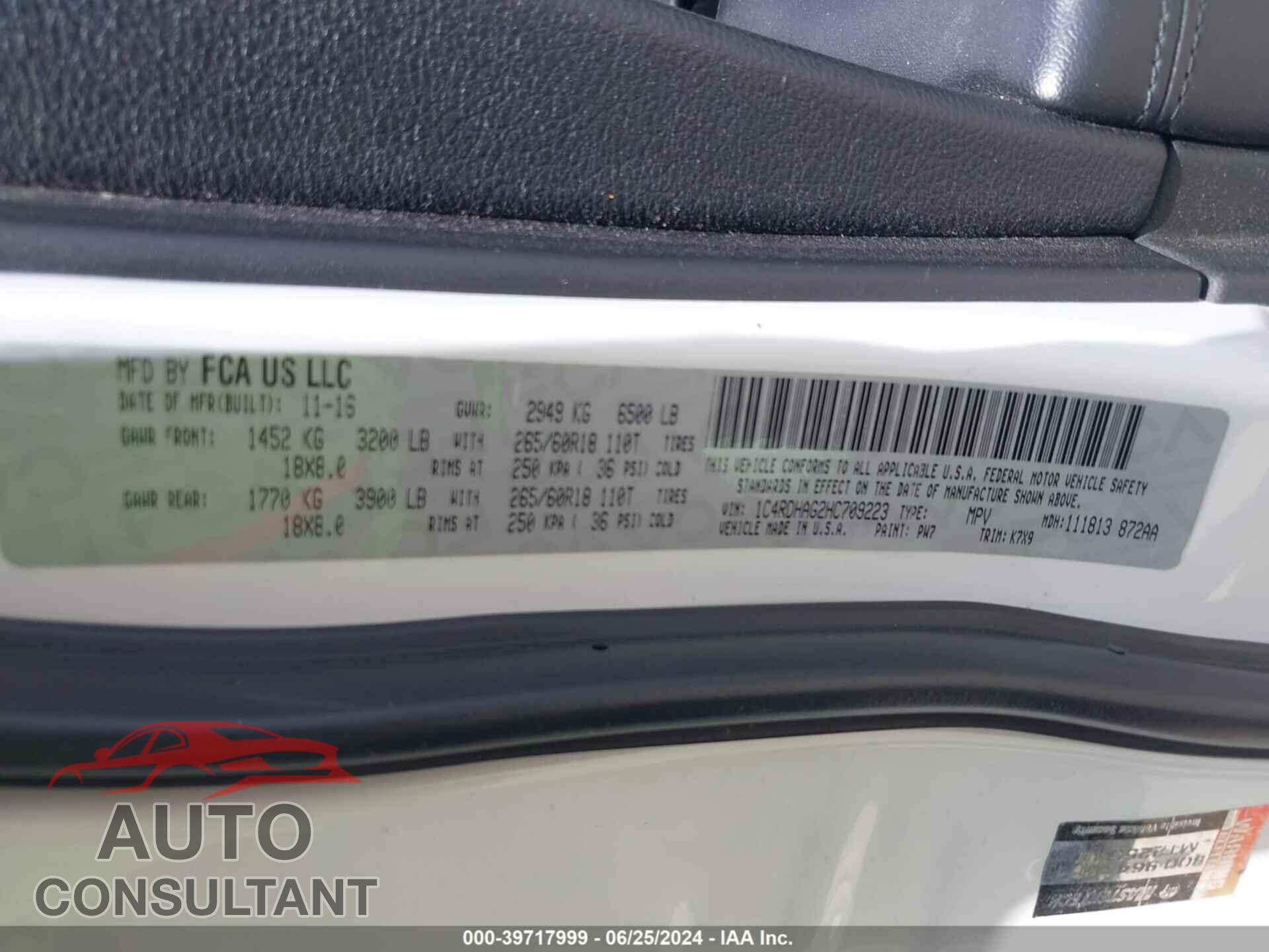DODGE DURANGO 2017 - 1C4RDHAG2HC709223