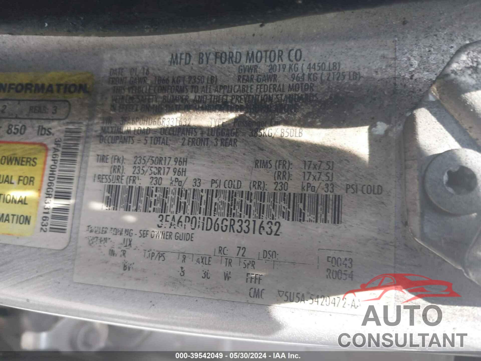 FORD FUSION 2016 - 3FA6P0HD6GR331632