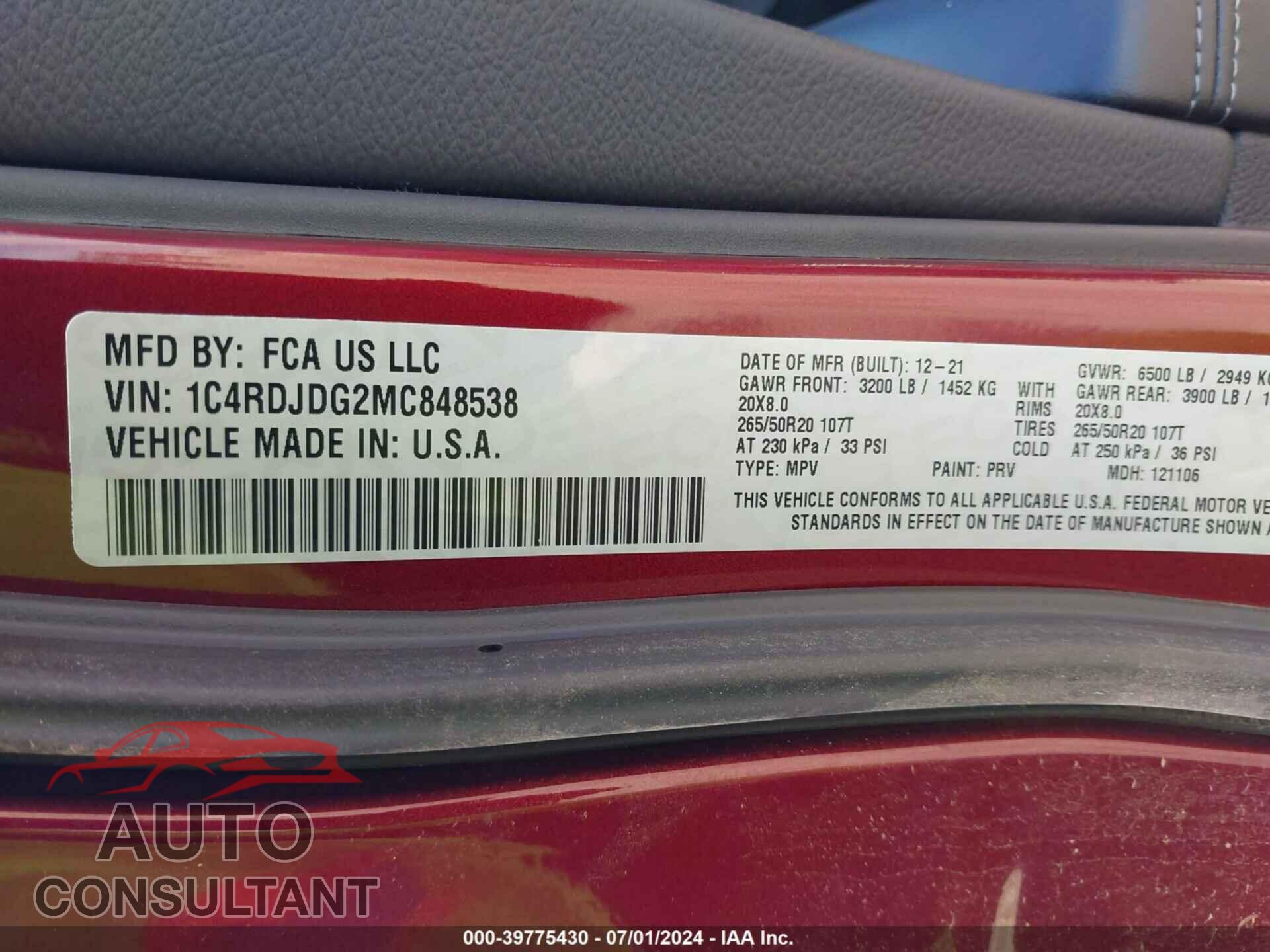 DODGE DURANGO 2021 - 1C4RDJDG2MC848538