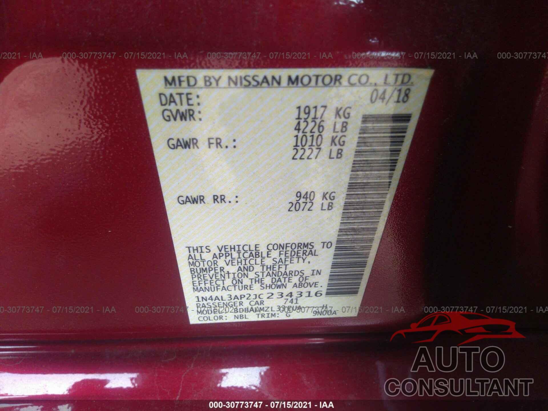 NISSAN ALTIMA 2018 - 1N4AL3AP2JC234316