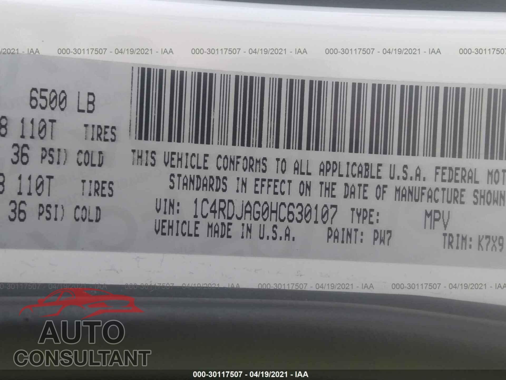 DODGE DURANGO 2017 - 1C4RDJAG0HC630107