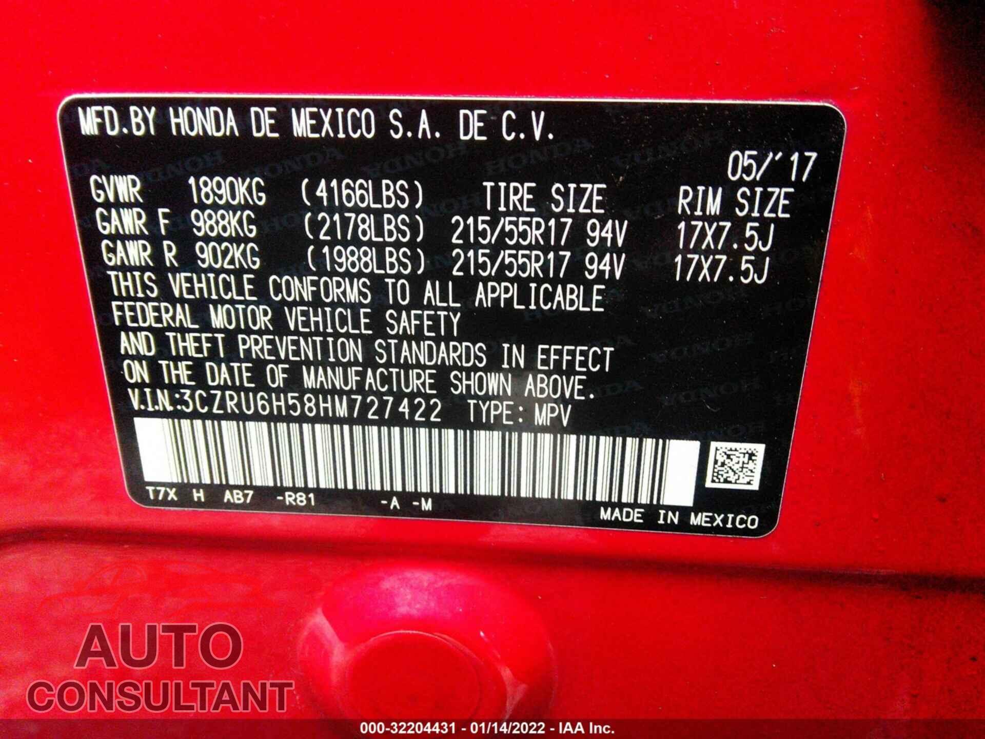HONDA HR-V 2017 - 3CZRU6H58HM727422