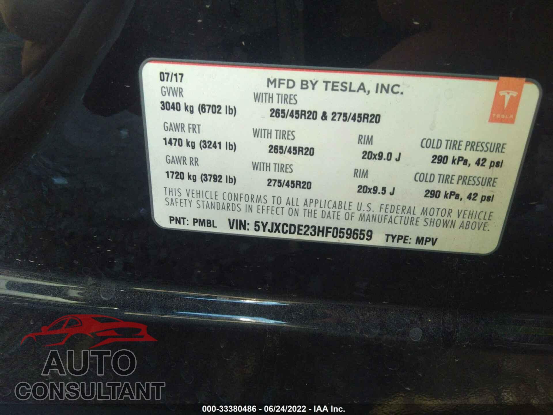 TESLA MODEL X 2017 - 5YJXCDE23HF059659