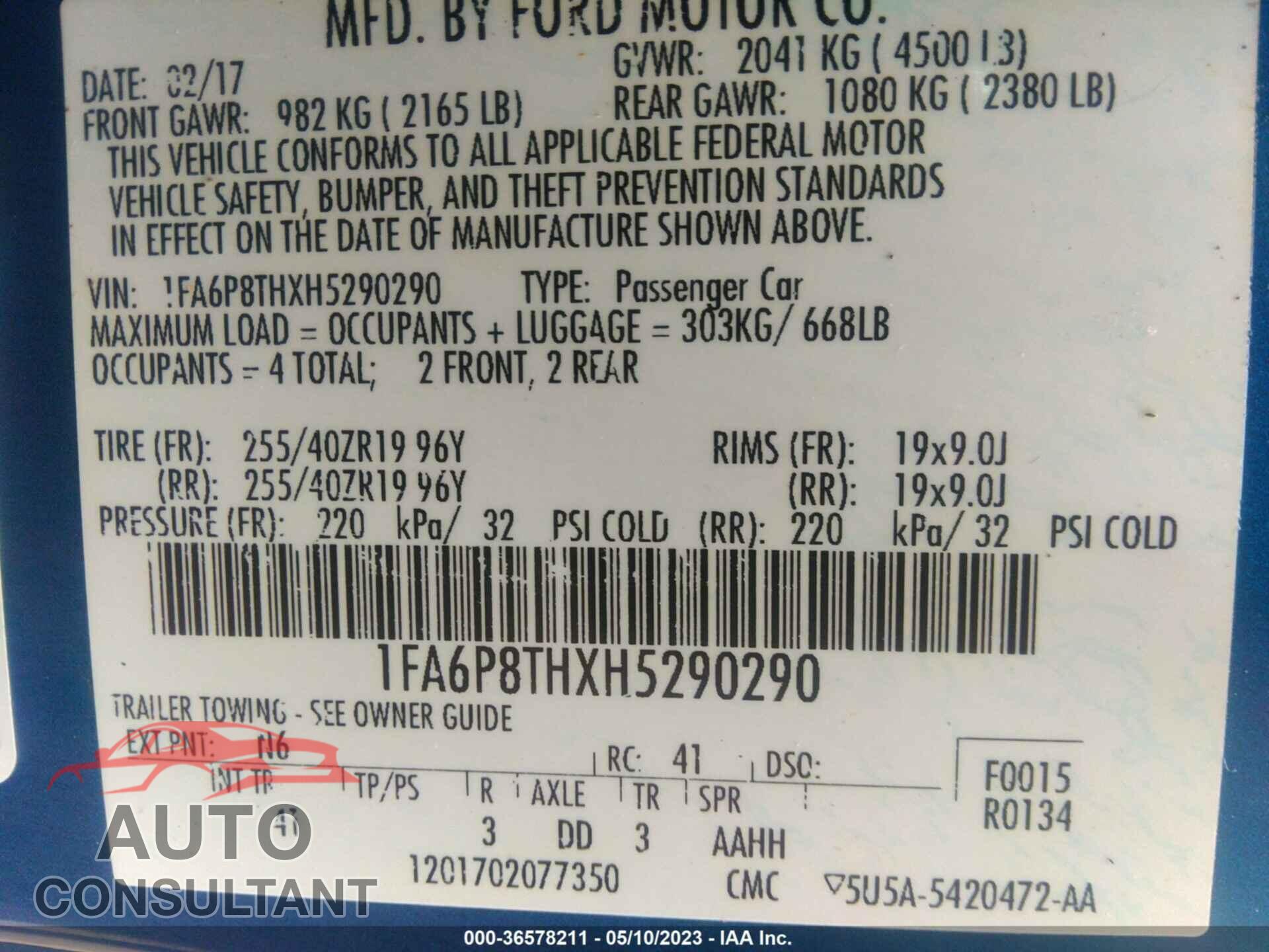 FORD MUSTANG 2017 - 1FA6P8THXH5290290