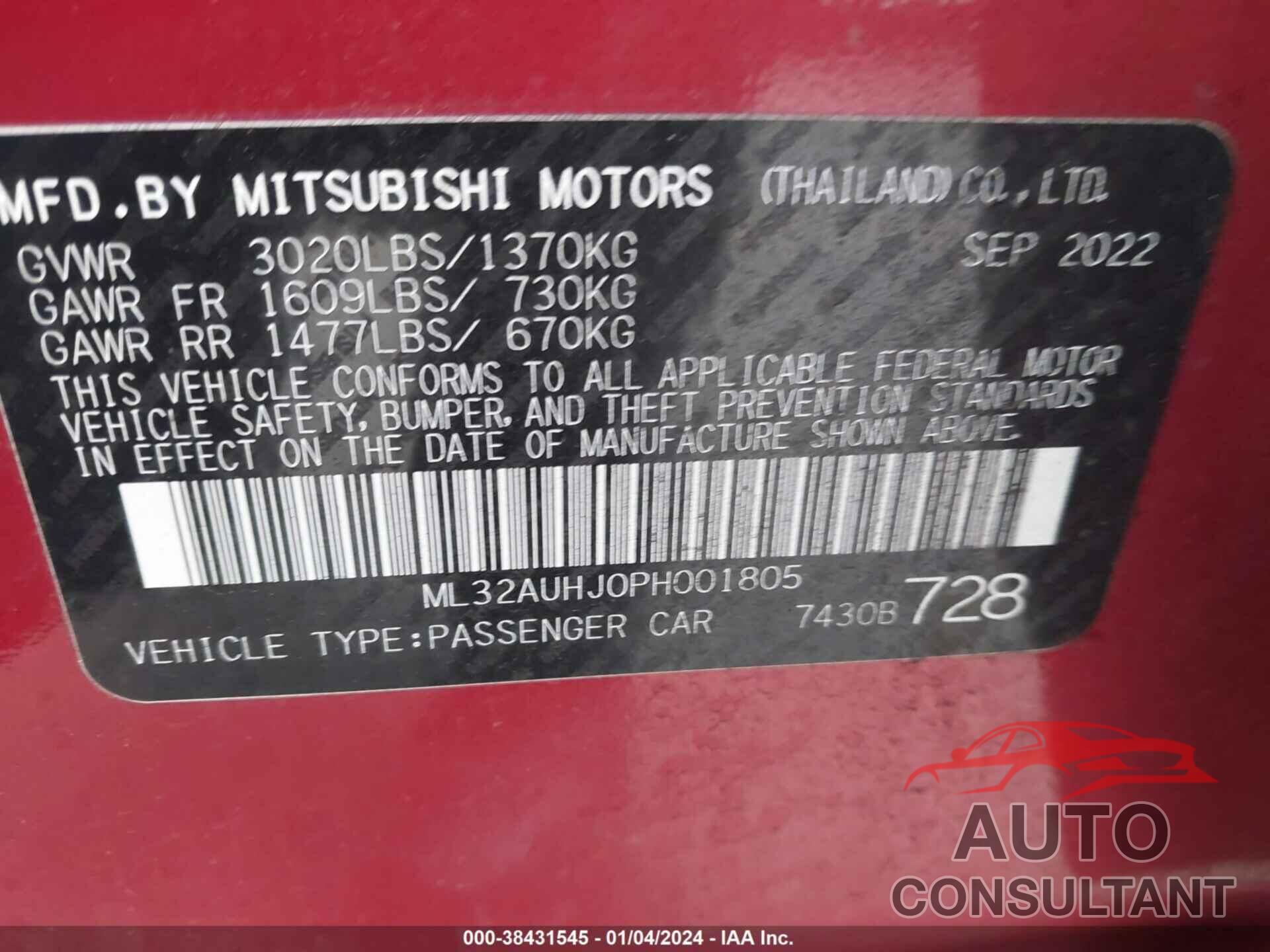 MITSUBISHI MIRAGE 2023 - ML32AUHJ0PH001805