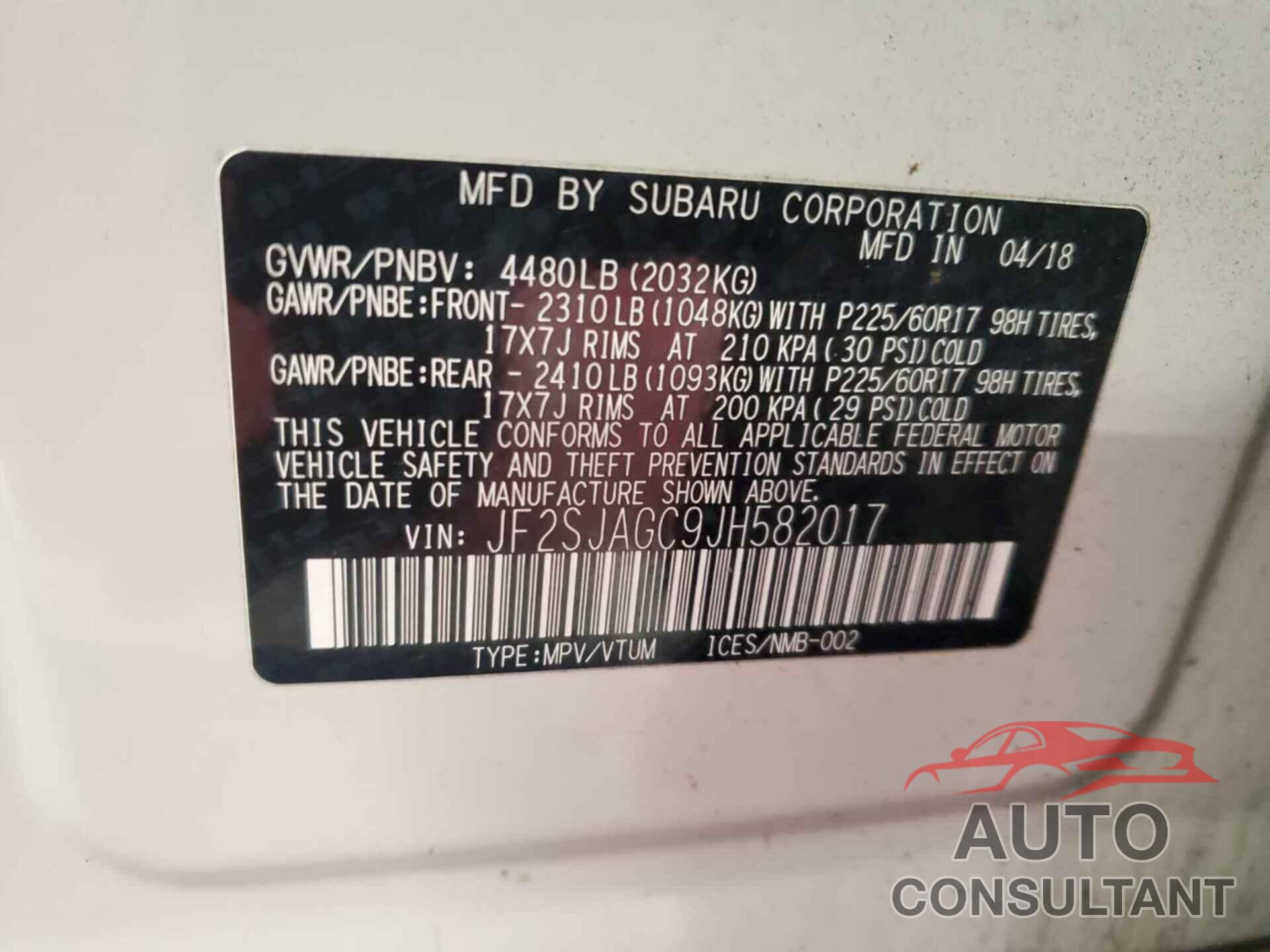 SUBARU FORESTER 2018 - JF2SJAGC9JH582017