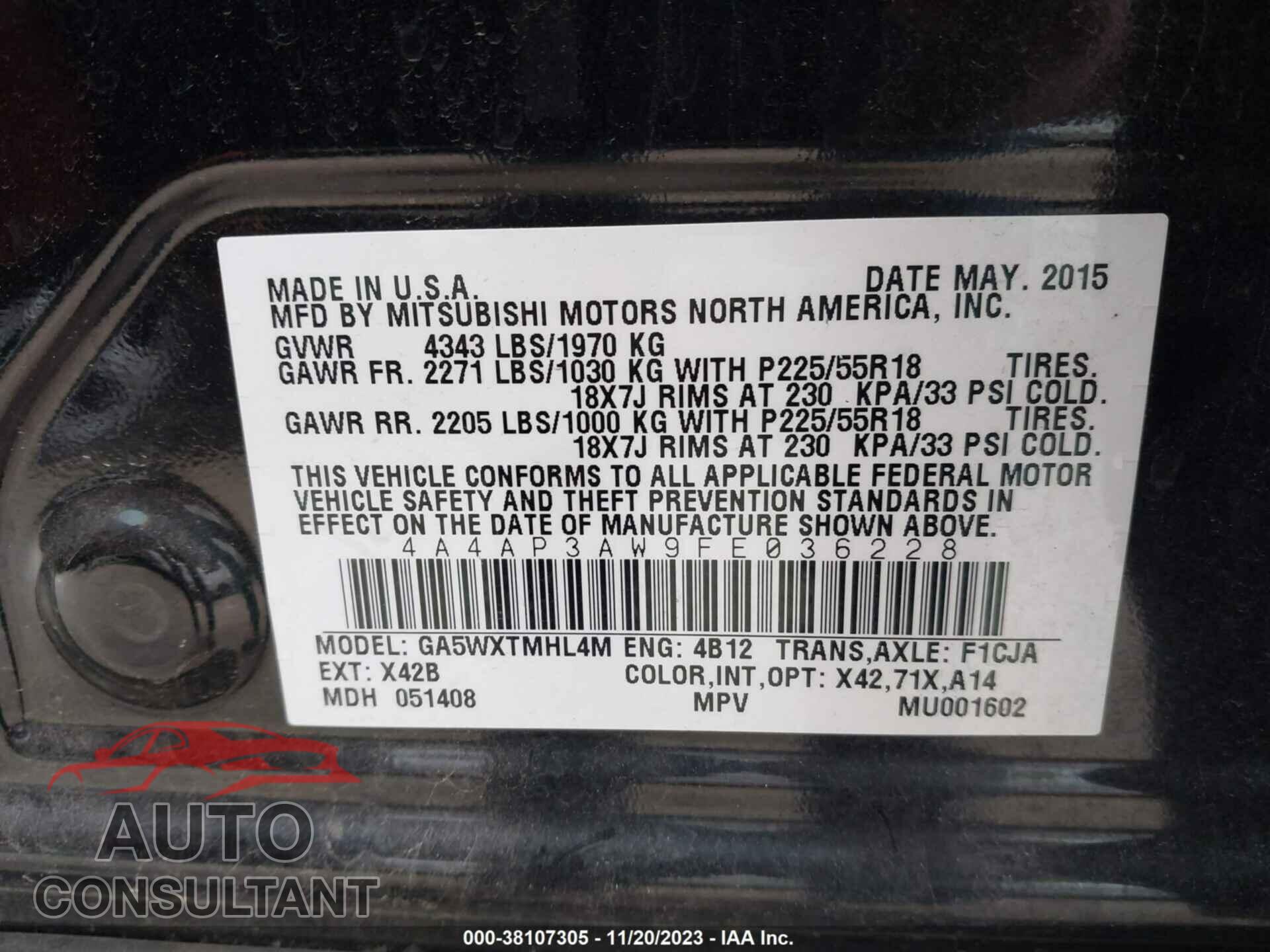 MITSUBISHI OUTLANDER SPORT 2015 - 4A4AP3AW9FE036228