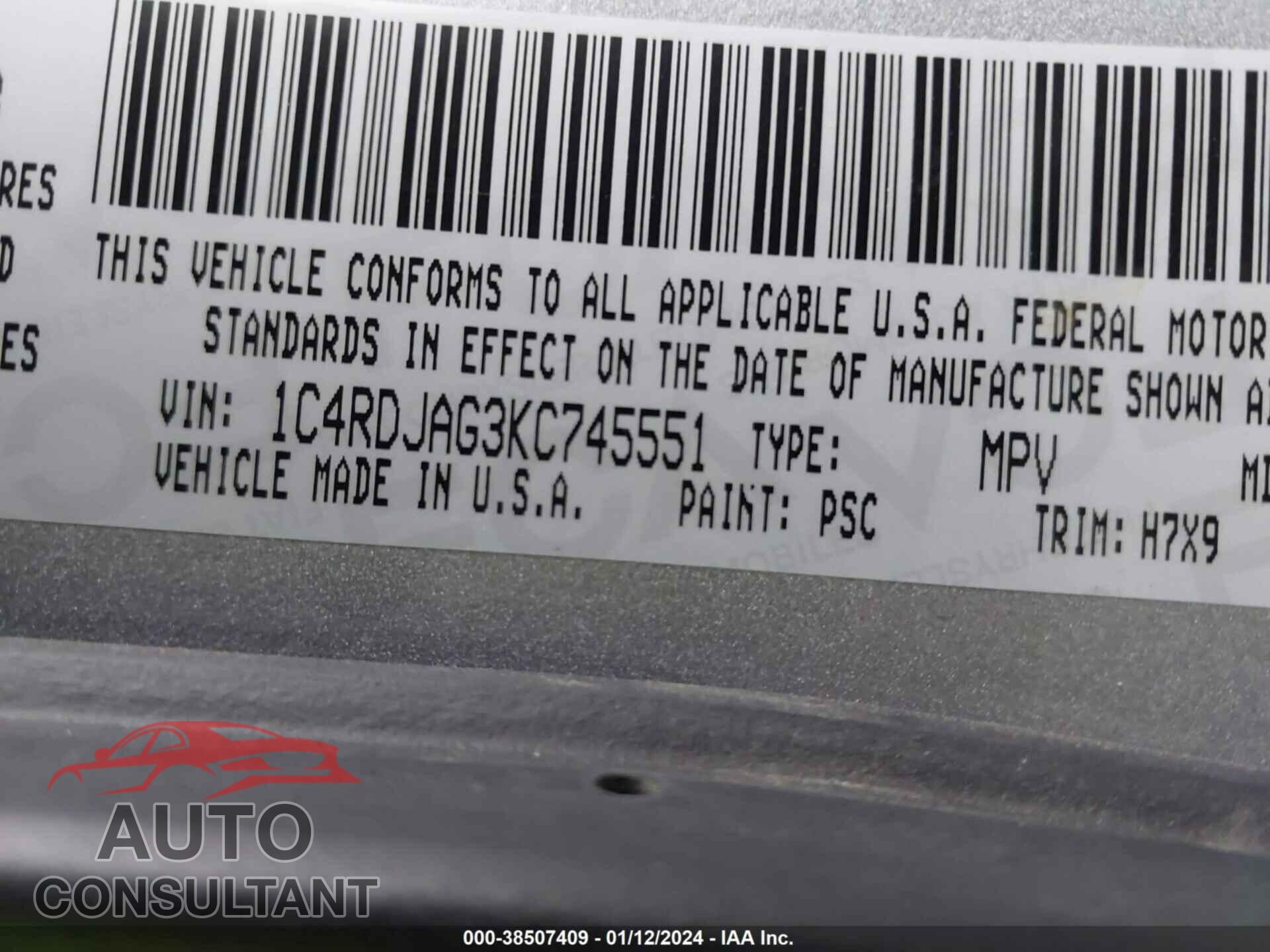 DODGE DURANGO 2019 - 1C4RDJAG3KC745551