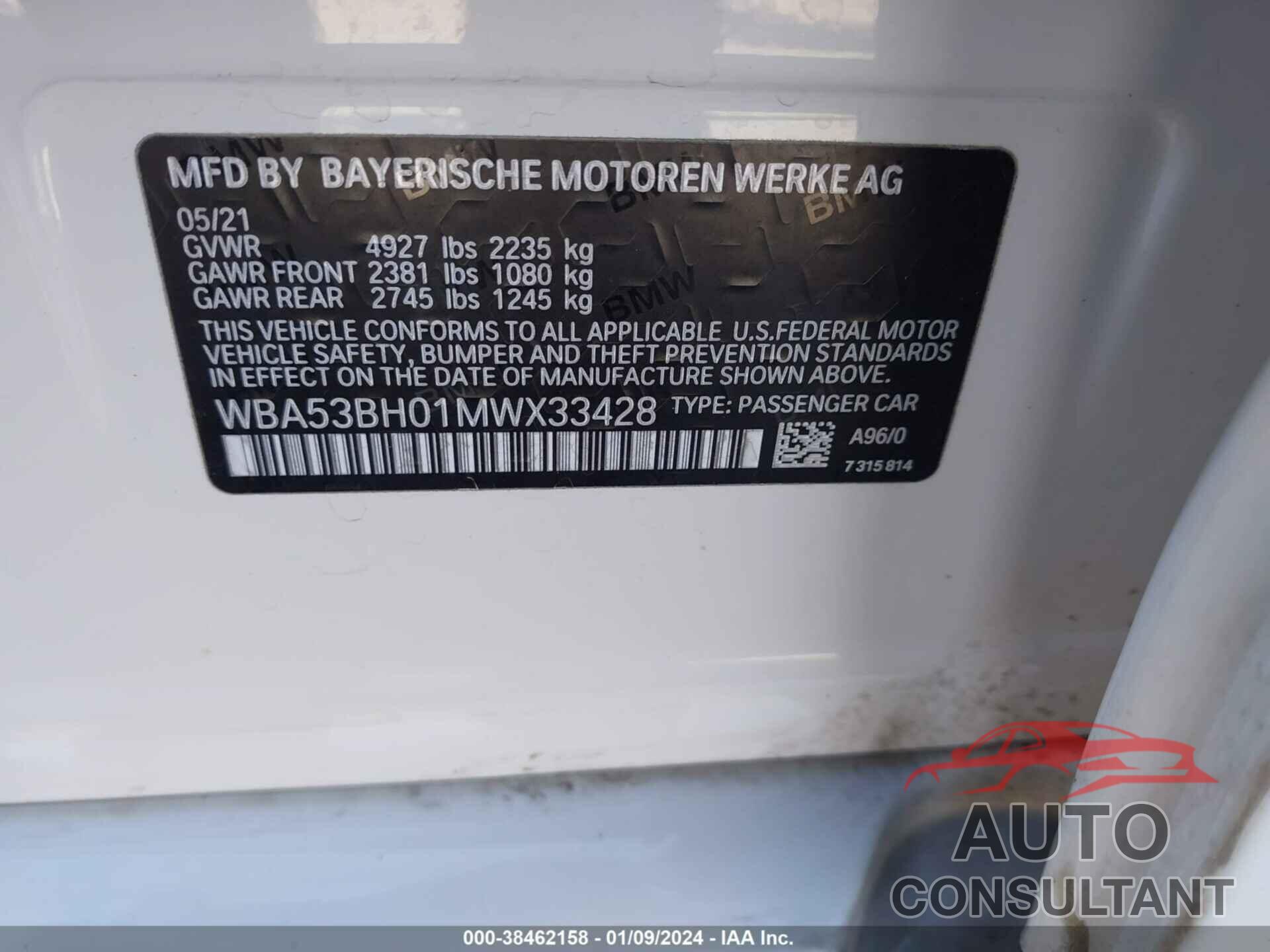 BMW 530I 2021 - WBA53BH01MWX33428