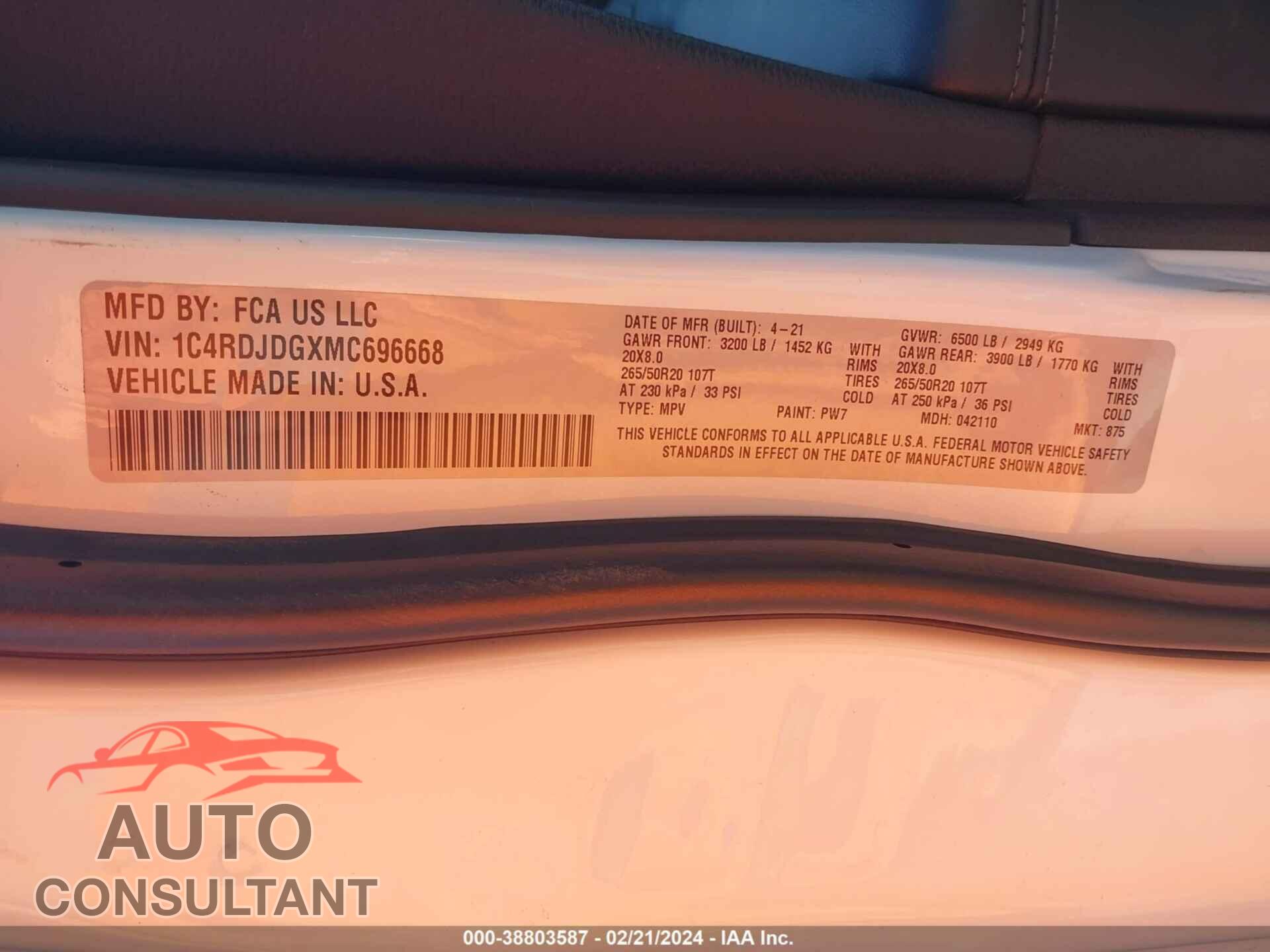 DODGE DURANGO 2021 - 1C4RDJDGXMC696668