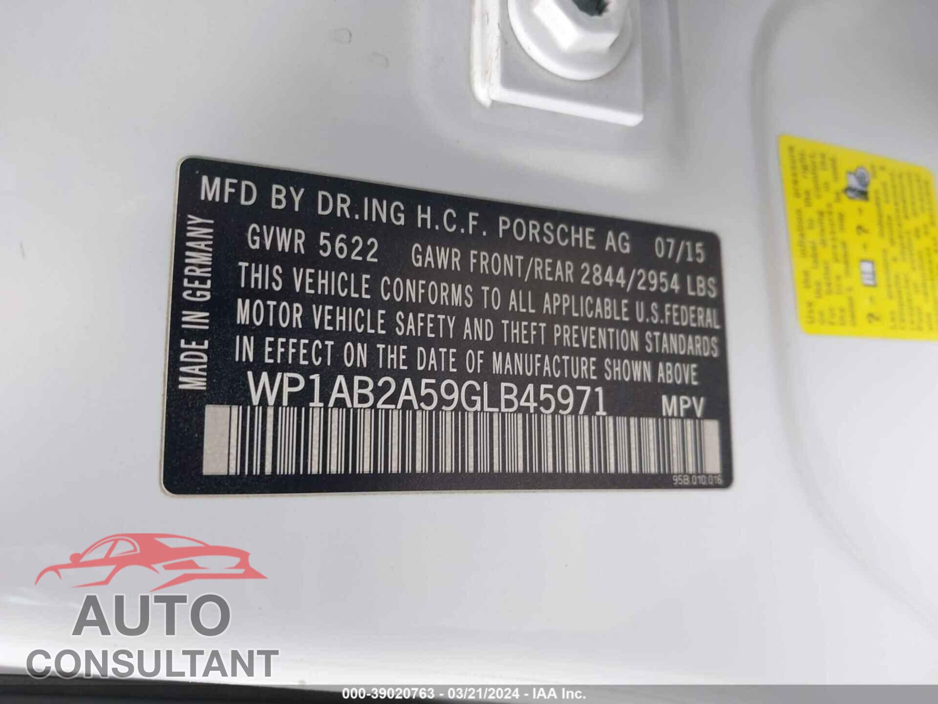 PORSCHE MACAN 2016 - WP1AB2A59GLB45971