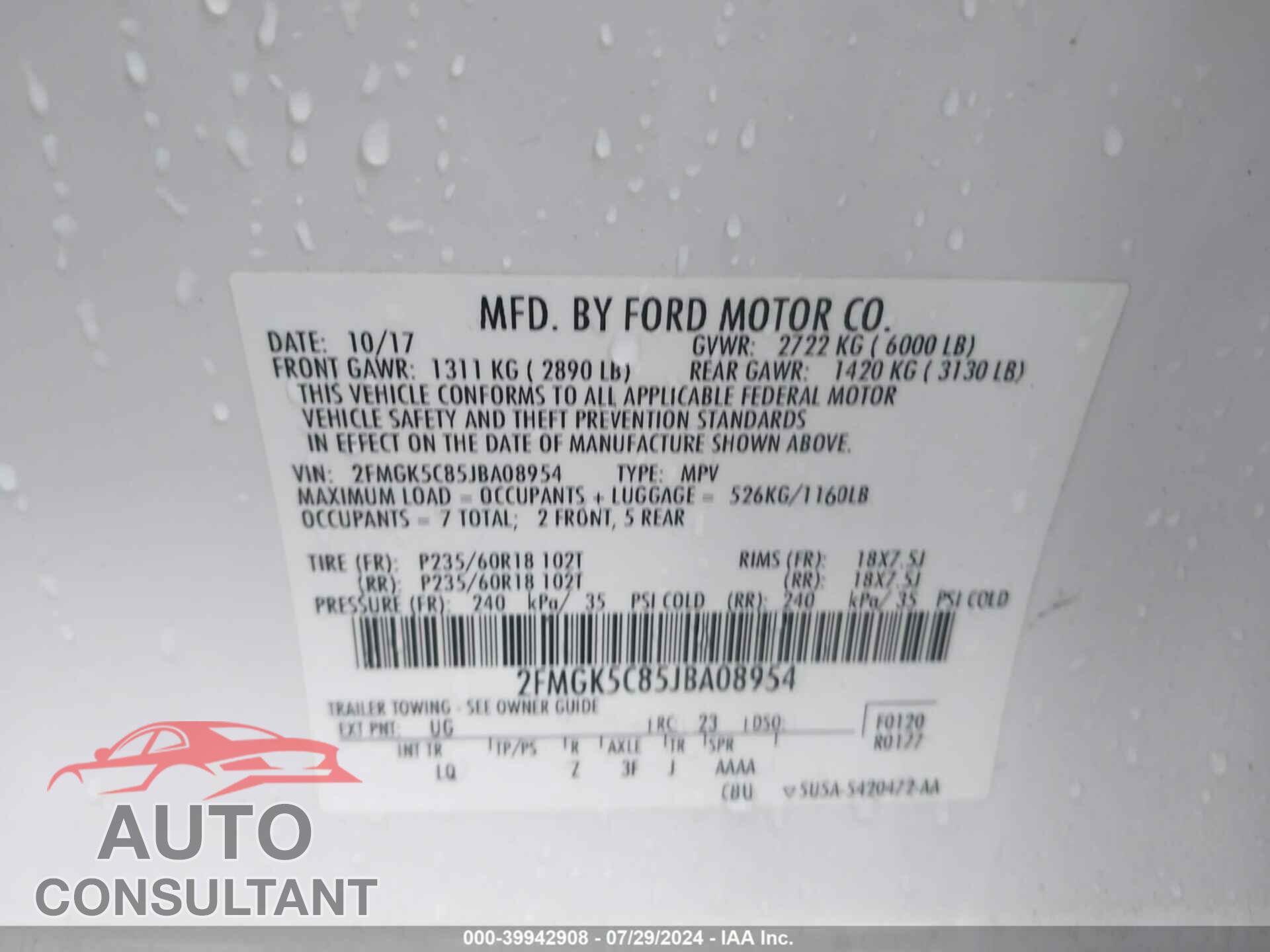 FORD FLEX 2018 - 2FMGK5C85JBA08954