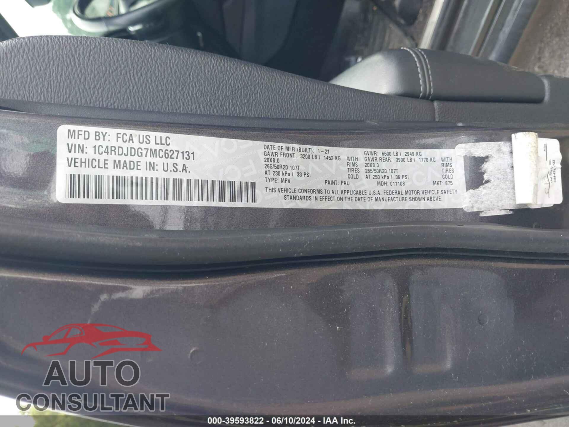 DODGE DURANGO 2021 - 1C4RDJDG7MC627131